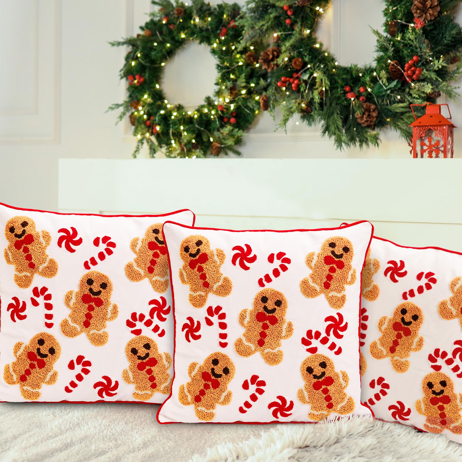 Whaline Lot de 2 housses de coussin touffetées de Noël - Motif bonhomme en pain d'épices - Rouge et blanc - 45,7 x 45,7 cm
