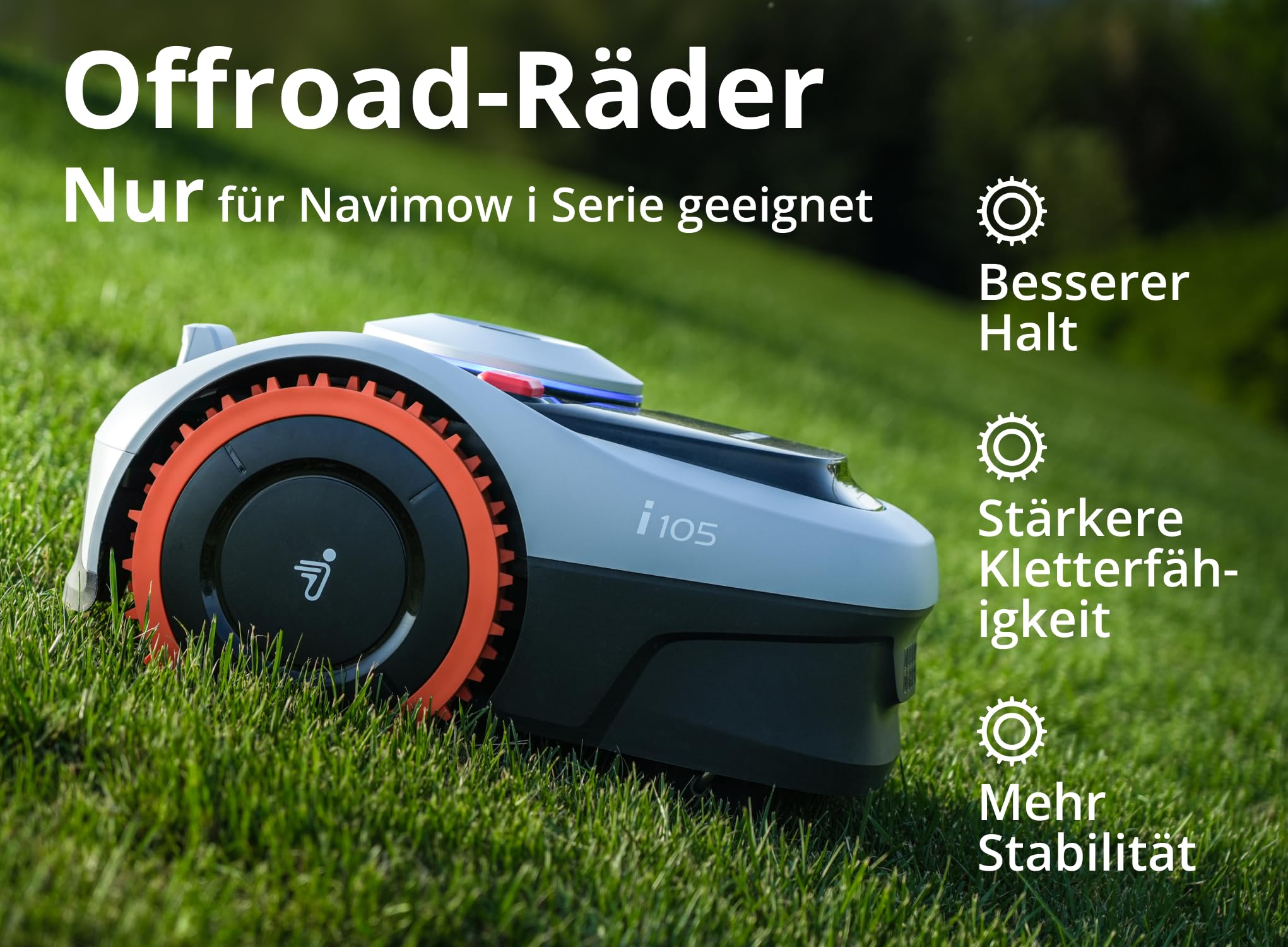 Navimow Ruedas todoterreno, capacidad mejorada en pendientes de hasta un 35% (20°), mayor resistencia al deslizamiento, accesorios para cortacéspedes robóticos I105E e I108E