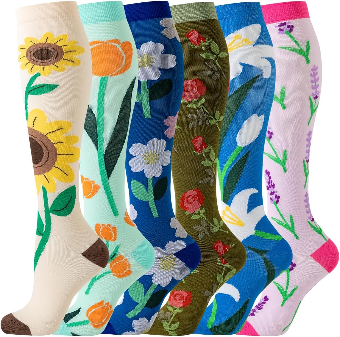 6 Pairs Graduated Compression Socks for Women and Men Knee High Hiking Running Sport Nylon Compression Stockings