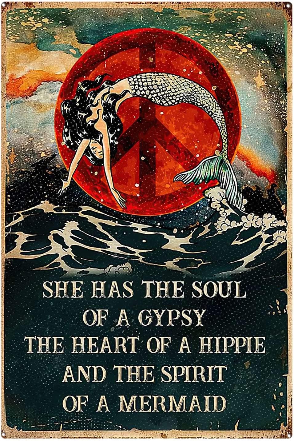 Kisoyo Funny Metal Tin Signs Hippie Mermaid Sign, Hippie Mermaid Wall Art, Mermaid Lovers Sign, Mermaid Living Room Decor Tin Signs For Bathroom 8X12inch