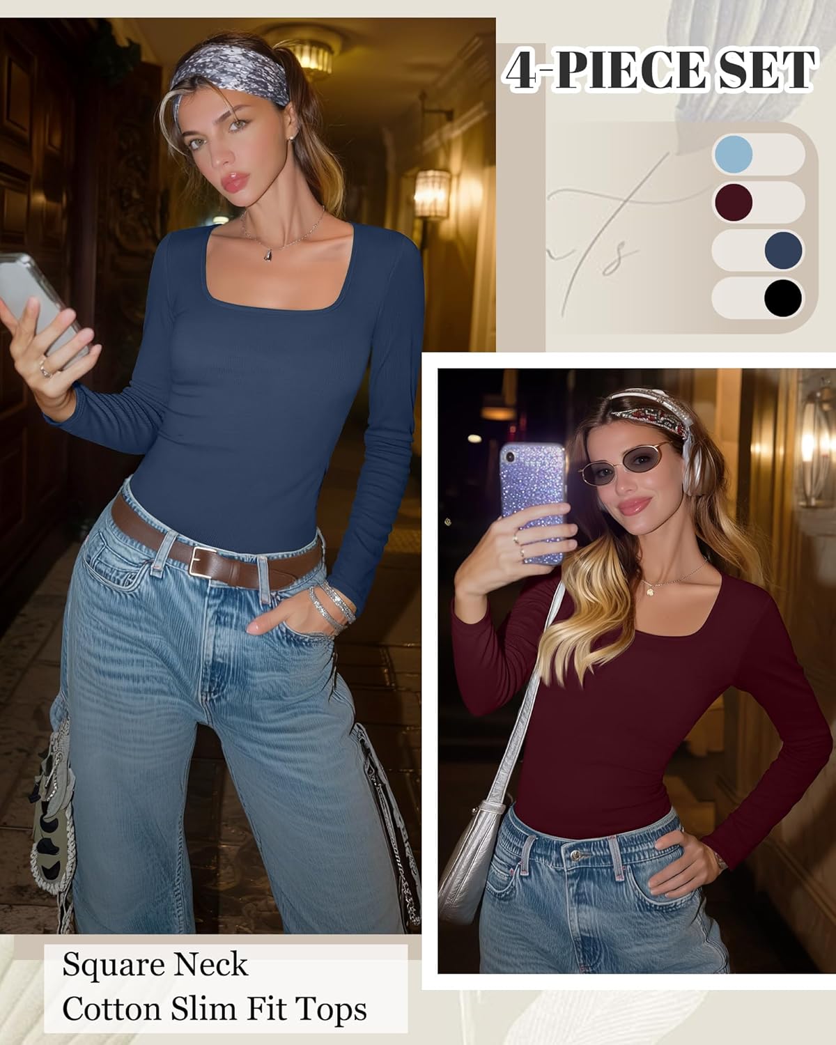 Riyiper 4 Pack Women's Square Neck Long Sleeve Tops Going Out Slim Fit Shirts Tight Layer Basic Tee 2026 Winter - Image 4