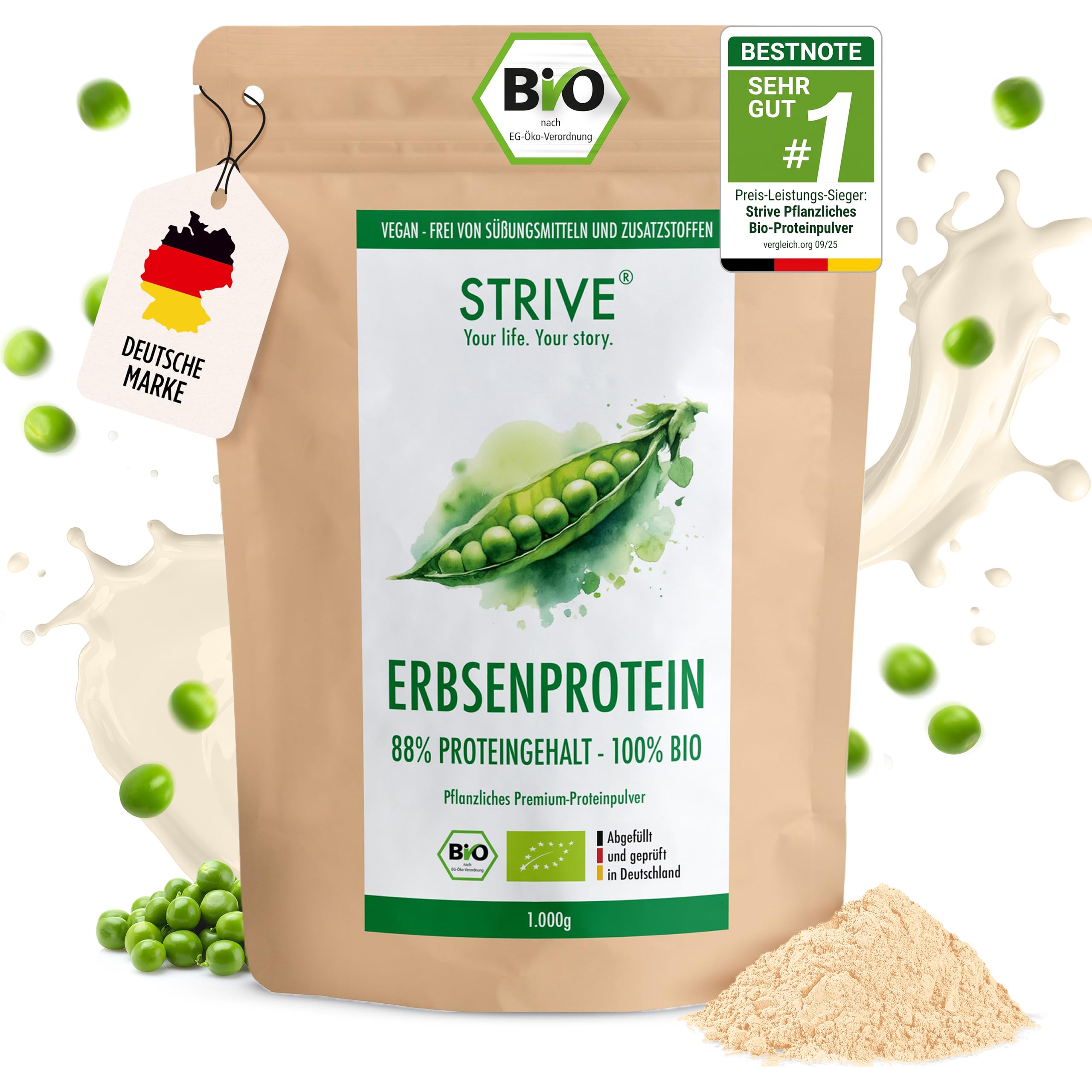 STRIVE Erbsenprotein 100% BIO Vegan | Fermentiertes Premium Erbsenprotein Isolat | Cremig, gut löslich, neutral | 1 kg Bio Eiweiß Pulver mit allen Aminosäuren | Geprüfte Qualität DE-ÖKO-039
