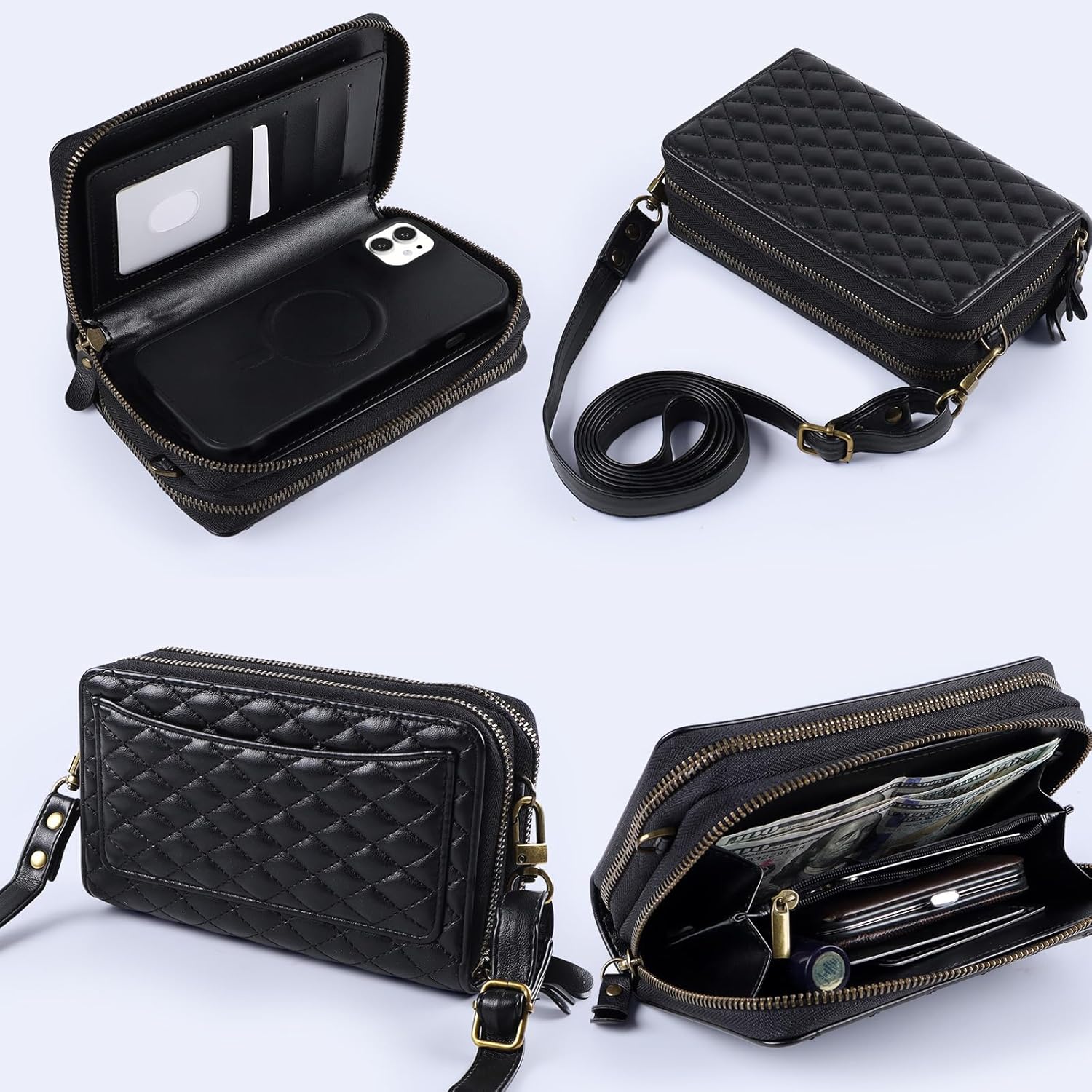 Harryshell Compatible with iPhone 12 / iPhone 12 Pro Case Wallet Multi Zipper Detachable Magnetic Cover with Card Slots Mirror Crossbody Strap (Compatible with Magsafe -Black)