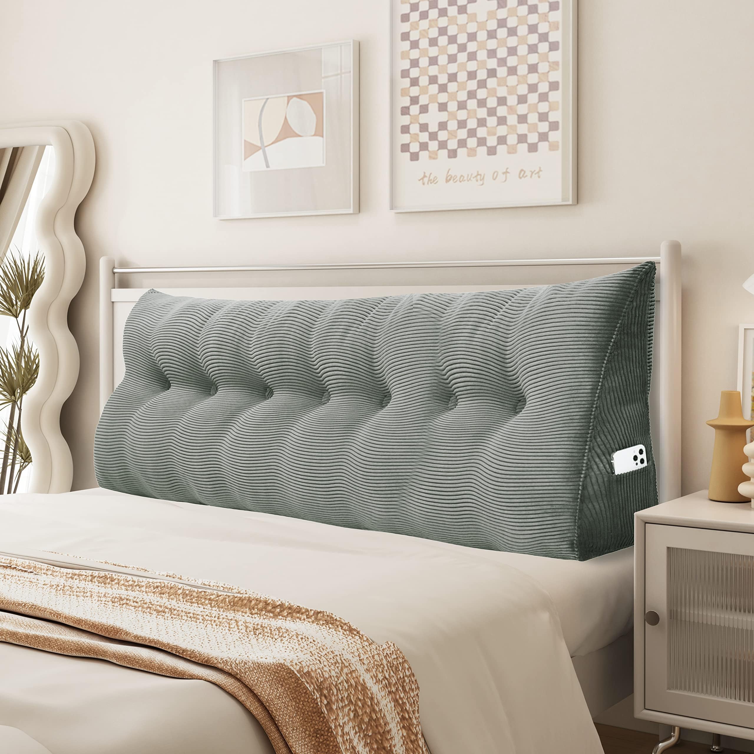 Headboard Wedge Pillow Bolster Pillows Backrest Support Sitting Up Reading Pillow in Bed Rest, Large Lumbar Positioning Upholstered Triangle Pads for Sofa Cushion Corduroy (Grey,King)