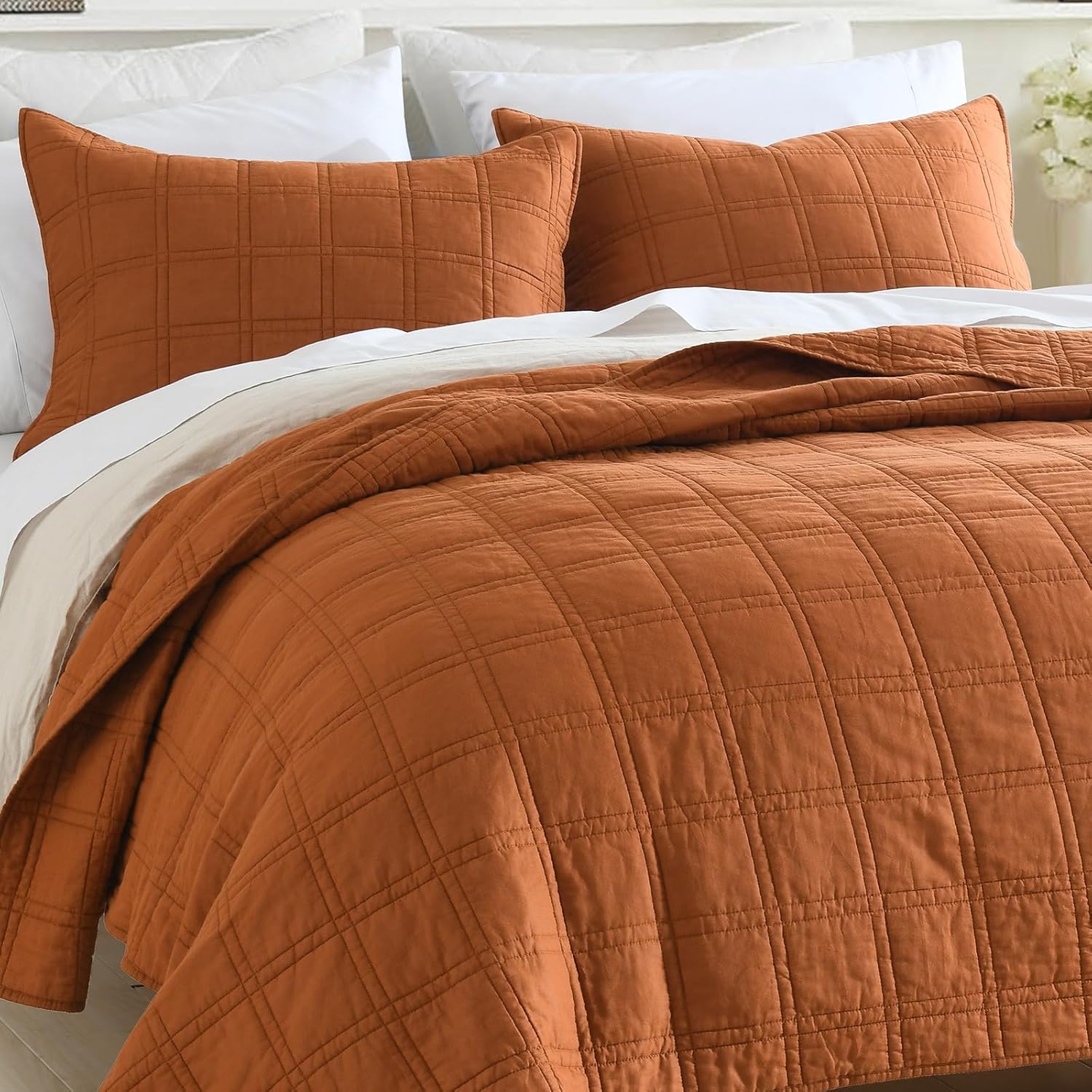 HORIMOTE HOME 100% Cotton Quilted Pillow Shams King Size, Burnt Orange Pre-Washed 2 Pack 20" x 36" Cozy Pillowcases, Breathable Stitching Pillow Cases Cover Decorative for Bed in Geometric Pattern