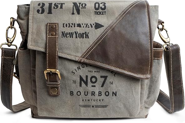 No7 Bourbon Crossbody Bag for Men & Women | Upcycled Vintage Canvas & Leather | Multi Pockets Bag | Hobo Bag