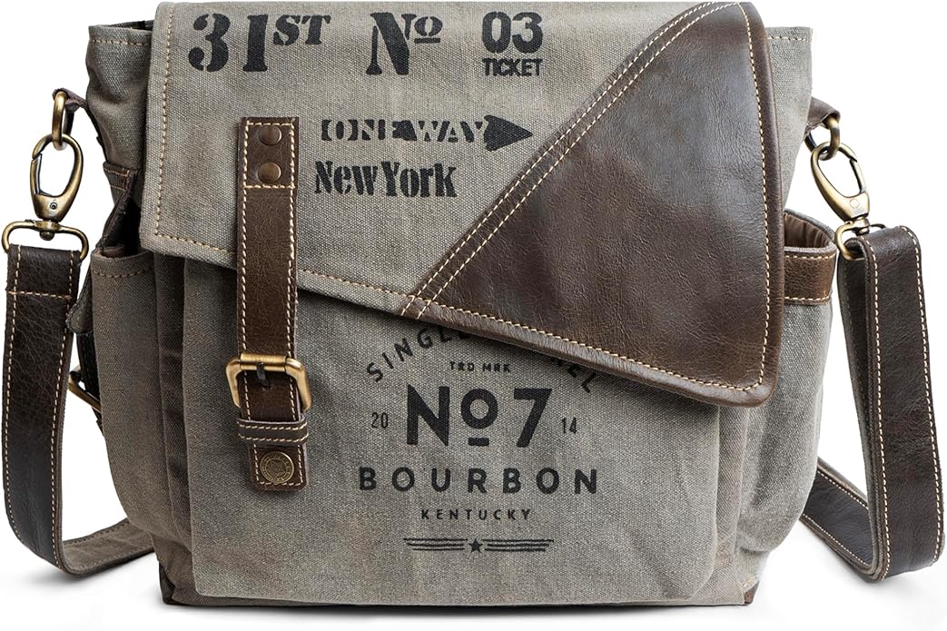 No7 Bourbon Crossbody Bag for Men & Women | Upcycled Vintage Canvas & Leather | Multi Pockets Bag | Hobo Bag