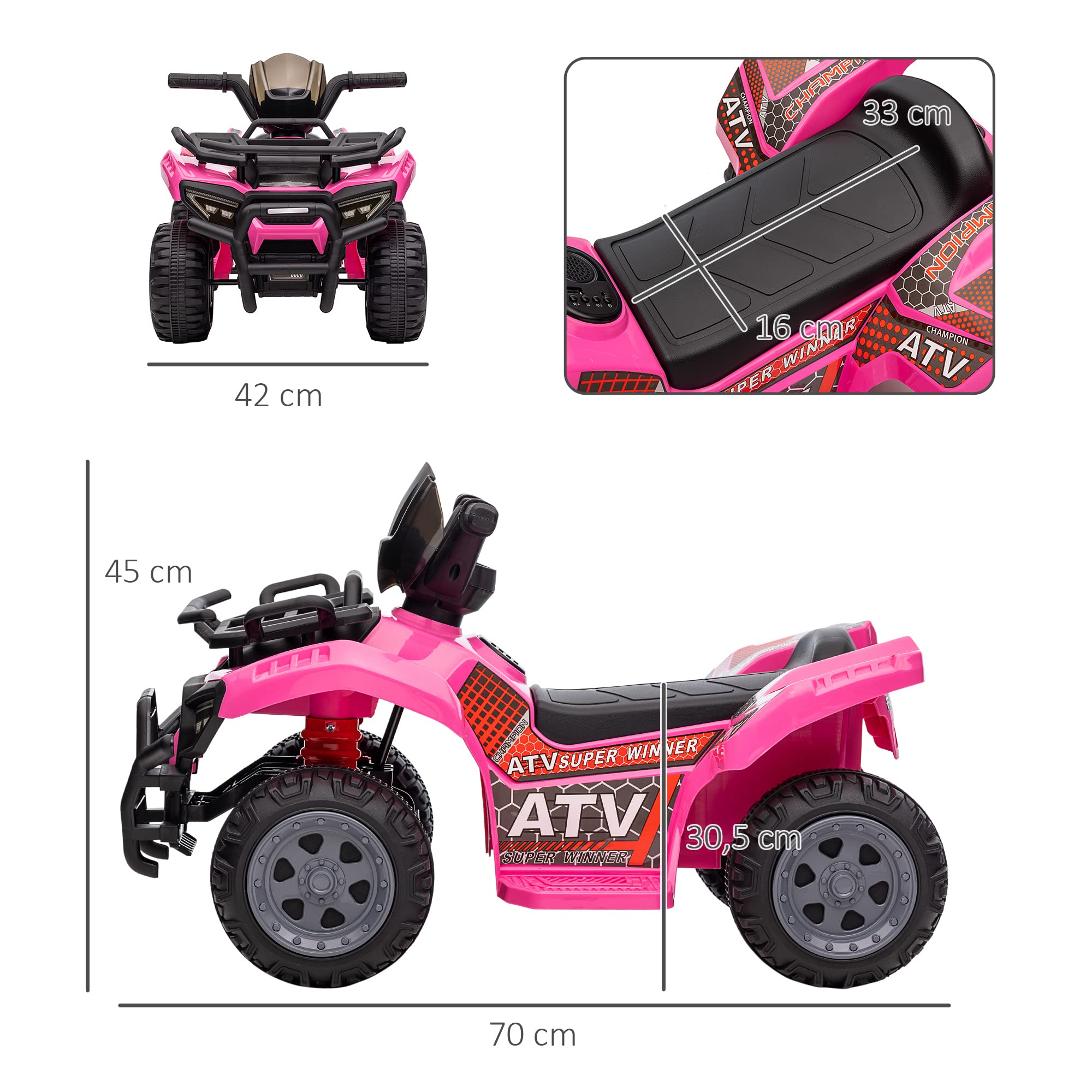 HOMCOM Kinder Quad Elektro 6V Kinderquad mit Vorwärtsfunktion Rosa | Musik, Elektroauto, Elektro-Quad für Kinder 1,5-3 Jahre