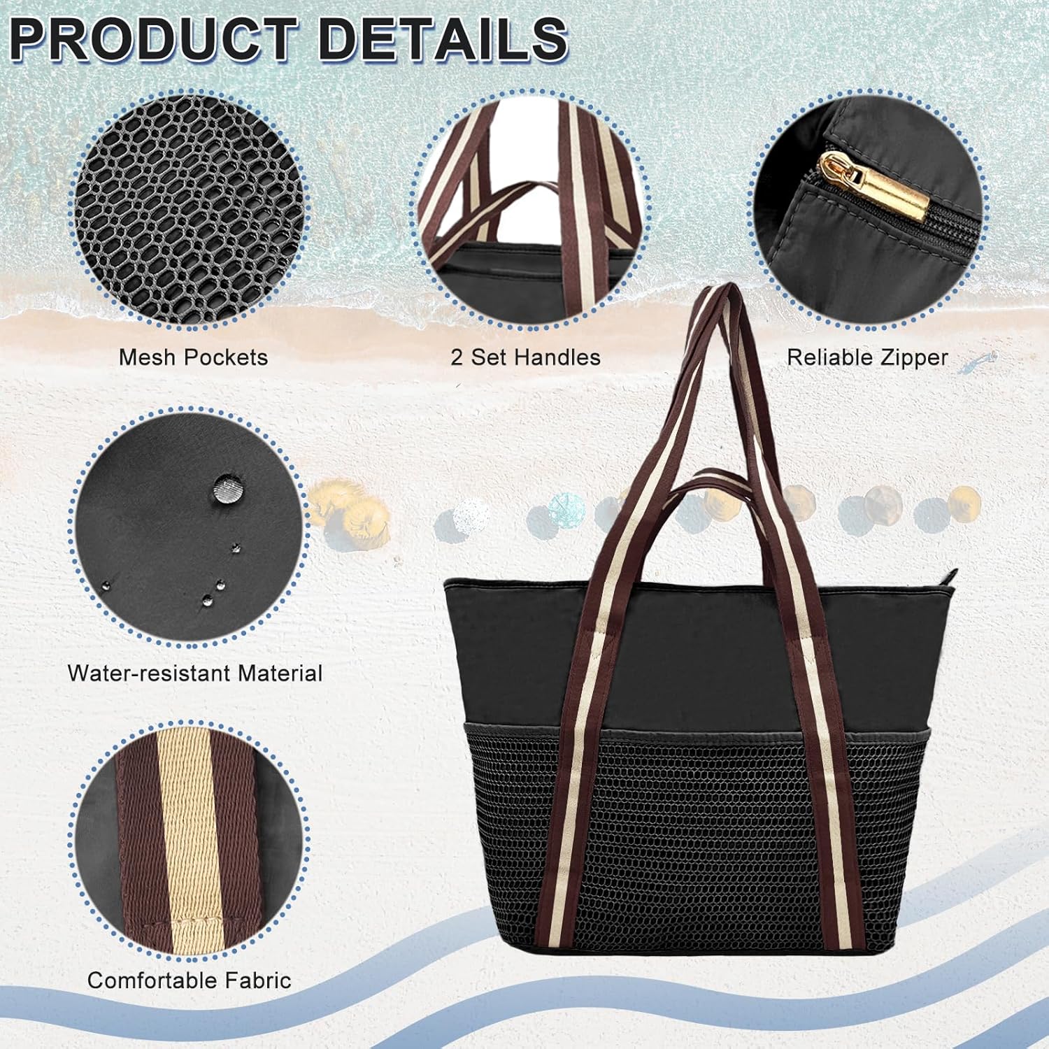 lifwimner Beach Tote Bag Waterproof Sandproof Mesh Swiming Pool Bag with Zipper for Summer Vacation - Image 4
