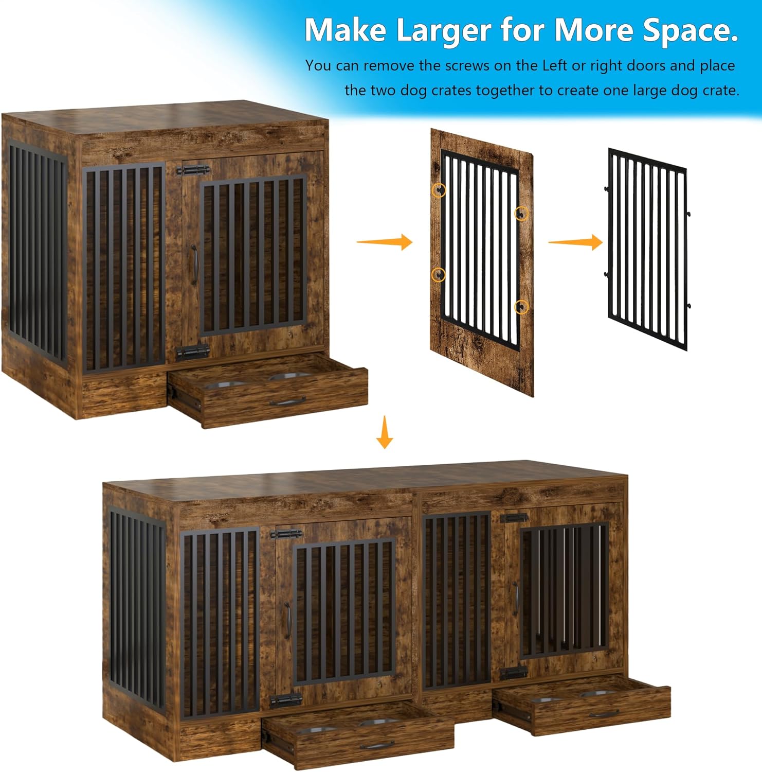 yookare Rustic Brown Heavy Duty Furniture Dog Crate, Wood and Metal Kennel Cage, Pet House End Table with Drawer and Pull-Out Design, Dog Home for Indoor use, Medium Size