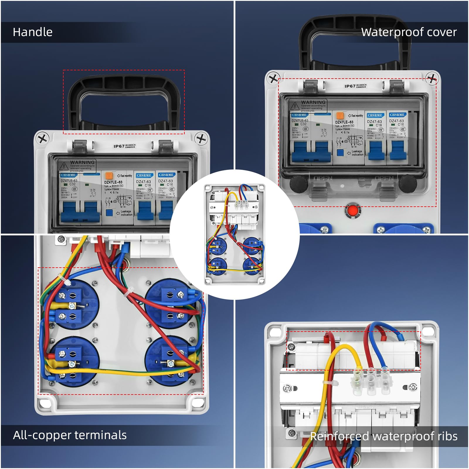 Coffret Électrique de Chantier 230 V Tableau Electrique Mural avec Disjoncteur répartiteur de courant 16 A IP67 Distributeur de Courant Électrique avec Disjoncteur coffret chantier
