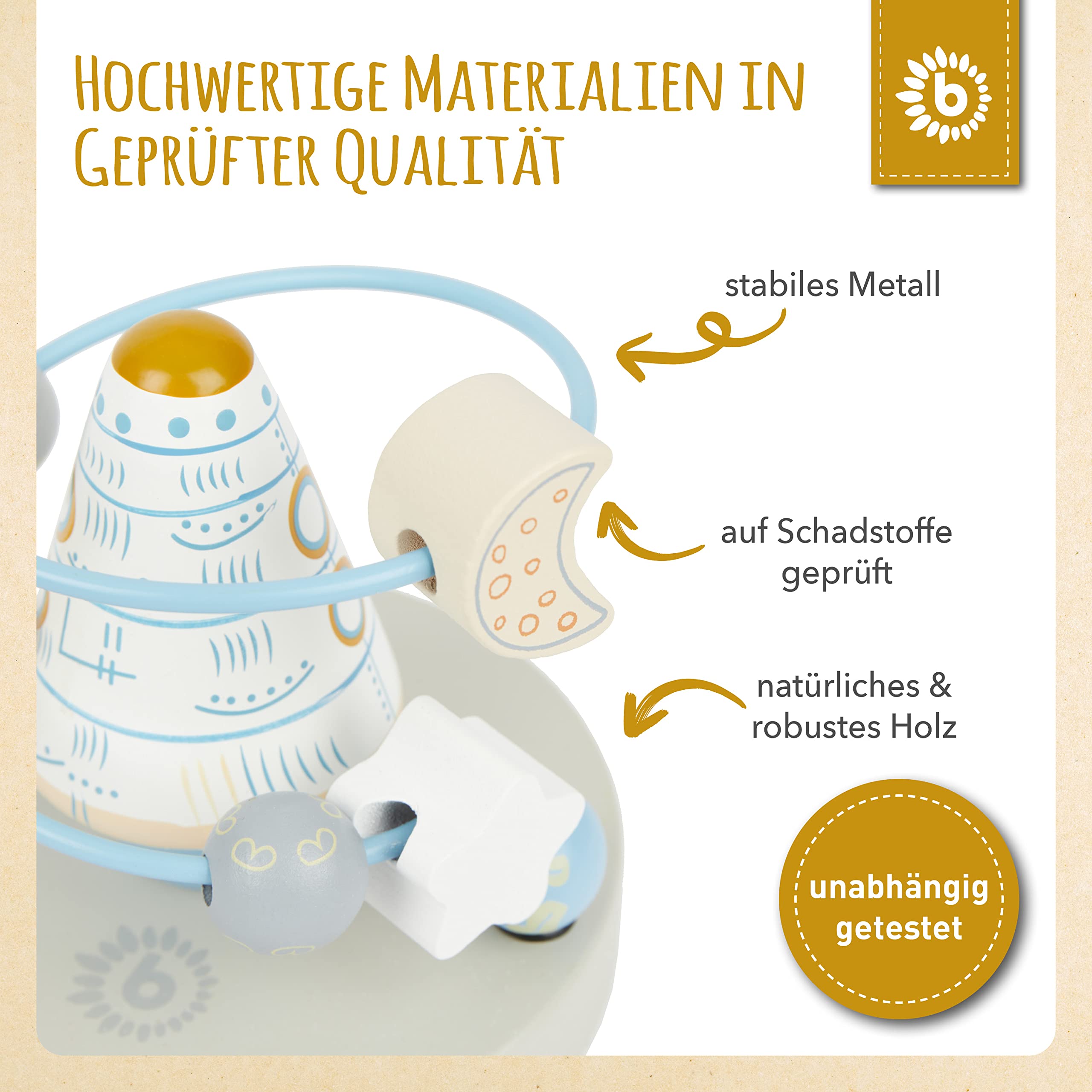 Bieco Motorikschleife Rakete | Motorikspielzeug ab 1 Jahr | Niedliches Labyrinth Spiel in Raketen Design | Motorikspielzeug Baby in frischen Farben | Holzspielzeug Baby | Lernspielzeug aus Holz