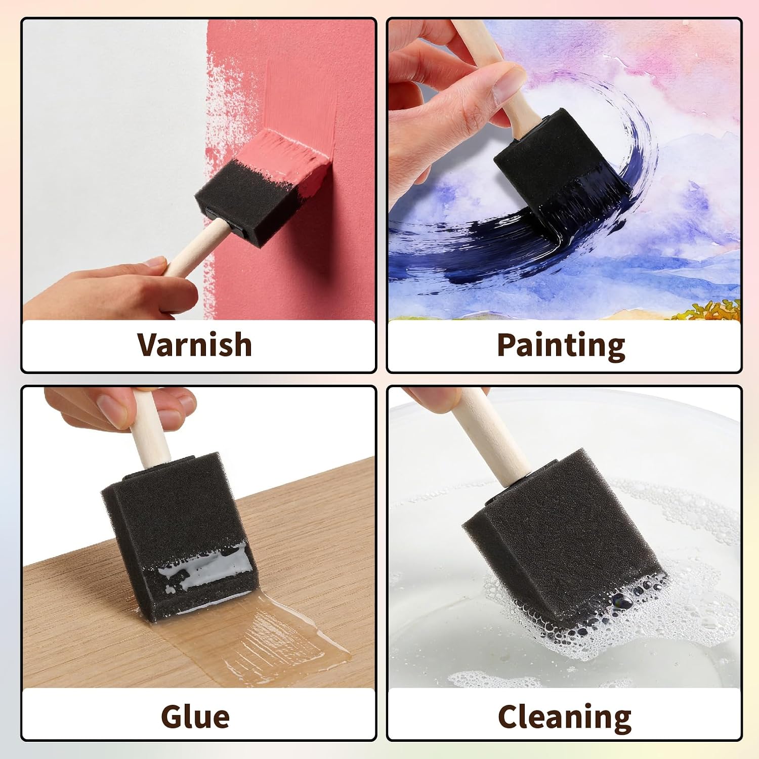 8 Pcs Foam Paint Brushes, 4 Sizes Wood Handle Sponge Paint Brush, 1" 2" 3" 4" Brushes for Painting, Staining, Varnishes, Acrylics, Large Area and DIY Craft Projects