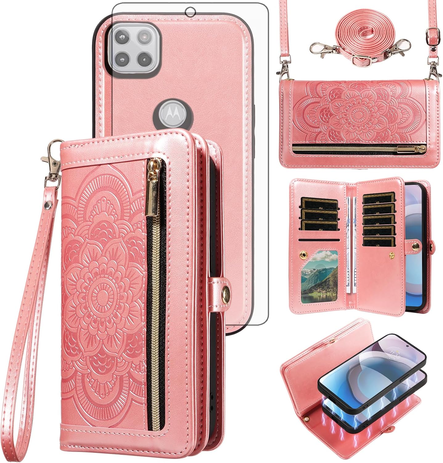 Asuwish Phone Case for Moto One 5G Ace/Motorola G G5 2021 Zipper Wallet Cell Cover with Screen Protector Crossbody Strap Flower Card Holder MotoOne 1 One5G UW Ace 6.7 XT2113-3 XT2113-5 Women Rose Gold
