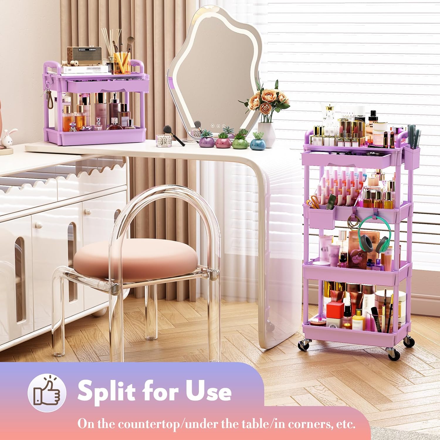 SUNALLY Makeup Cart Organizer with Drawers, 4 Tier Floor Skincare Organizers for Vanity, Rolling Makeup Bathroom Storage Cart Cosmetics Display Cases for Skin Care Perfume Nail Polish, Purple