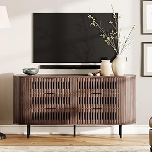WAMPAT Modern Fluted TV Stand for TVs up to 70”, Wooden Entertainment Center with 6 Slatted Drawers, Cruved TV Media Console Table for Living Room, Bedroom, Walnut Brown, 63.2"
