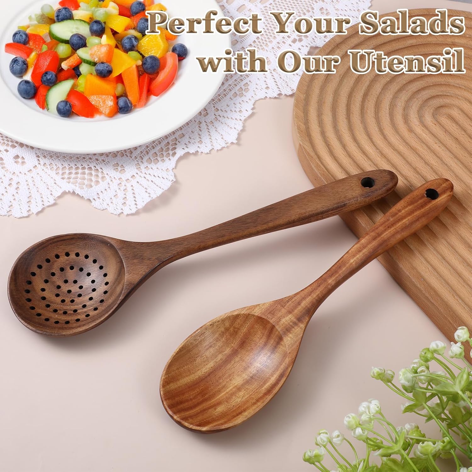 6 Piece Wooden Spoons for Cooking Natural Teak Wood Non-Stick Cooking Spoons Comfort-Grip Wood Spoons for Cooking Wooden Kitchen Utensil set