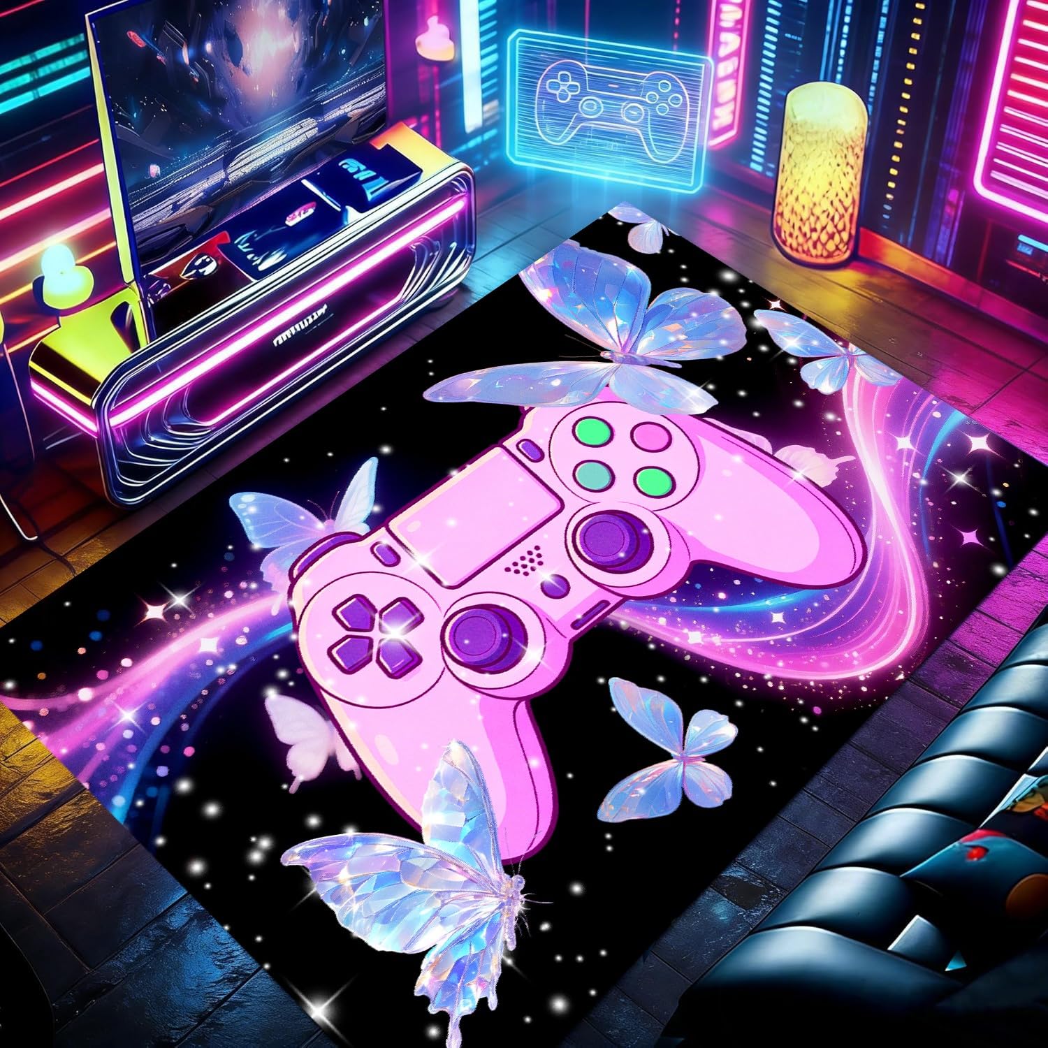 RICAUOU Gaming Rug, 100x150cm 3D Crystal Butterfly and Pink Controller Design, Girls' Game Rooms And Bedrooms, Cute Cartoon Style, Washable Non-Slip Carpet for Living Room Dorms Home Decor