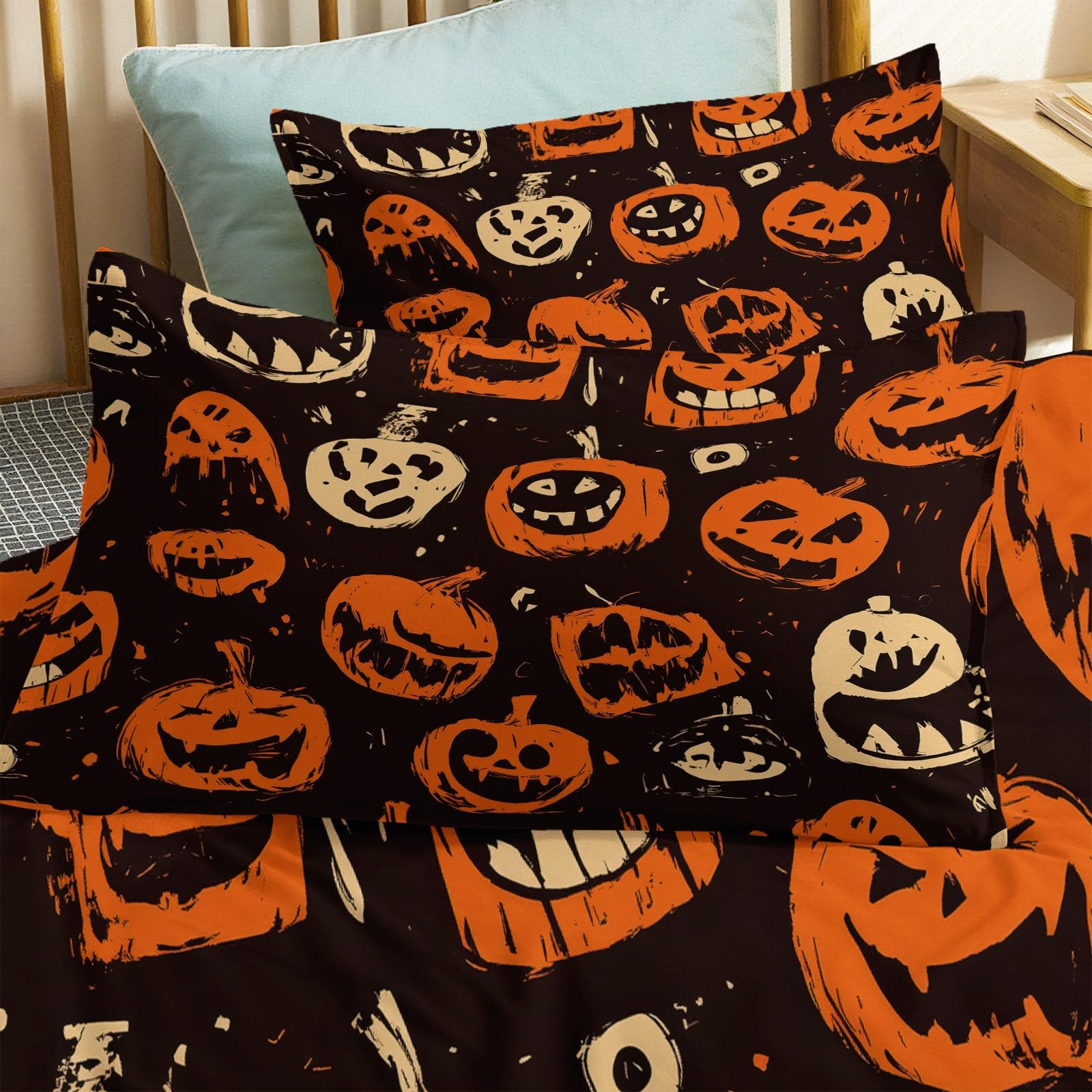 Motyw Halloween 3-częściowy zestaw poszewek na kołdrę z dyni Horror 200 x 200 cm, miękka dwustronna pościel z mikrofibry z 2 poszewkami na poduszki 50 x 80 cm, łatwa do czyszczenia z zamkiem