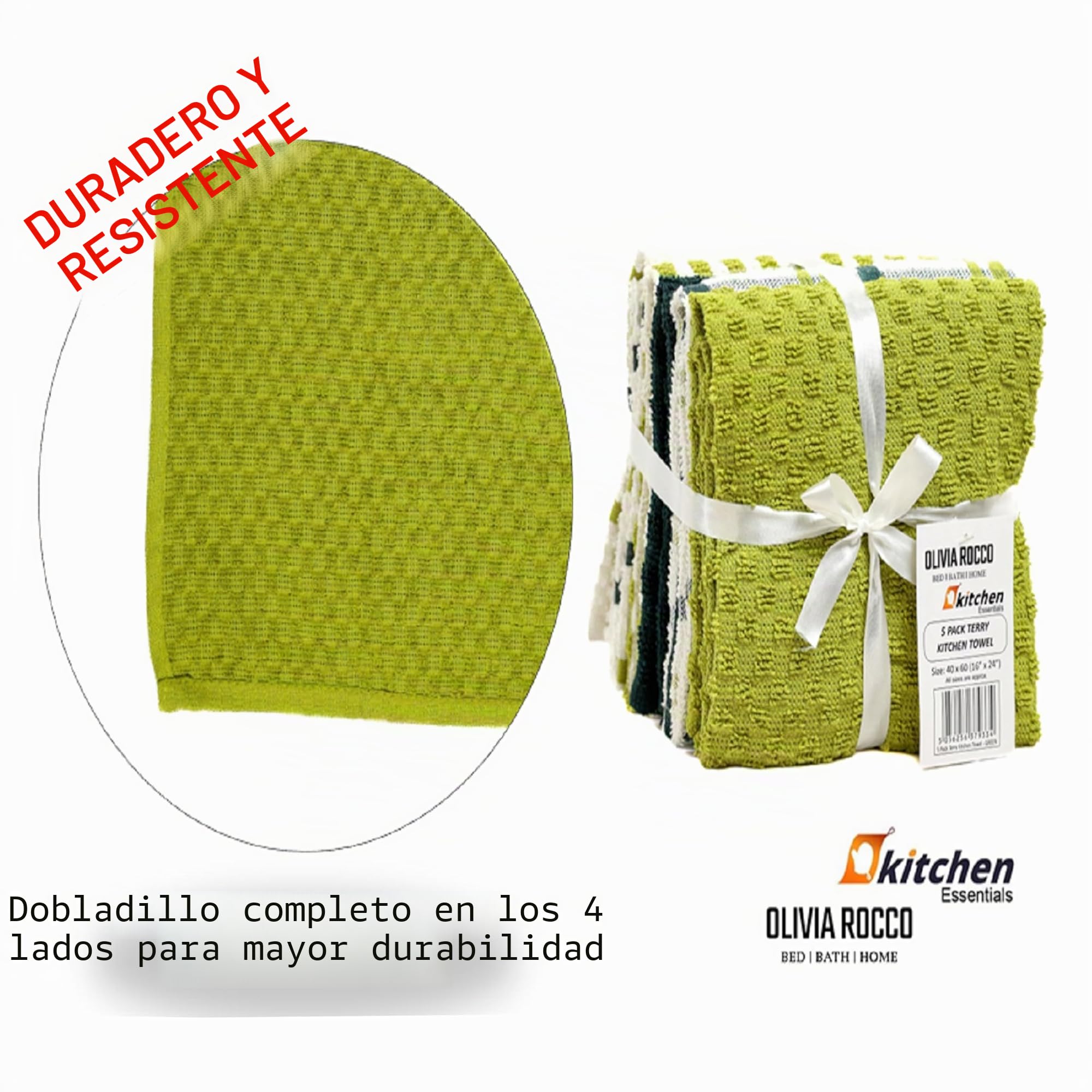 Olivia Rocco - Pack de 5 paños de cocina de rizo de algodón, súper absorbentes, de secado rápido y suaves, color verde salvia