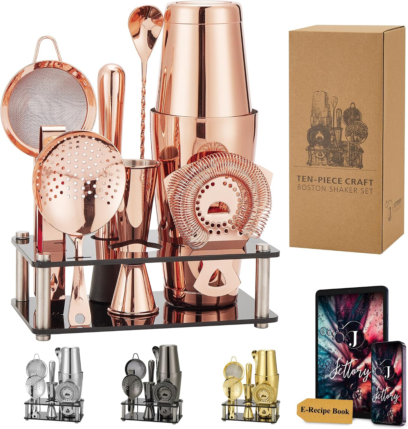 Boston Shaker Set - 10-Piece Stainless Steel Cocktail Shaker Set with Acrylic Base, Bar Strainer, Ice Tongs, Bar Spoon, Measuring Cup, Muddler - Perfect for the Home Bar (Rose Gold)