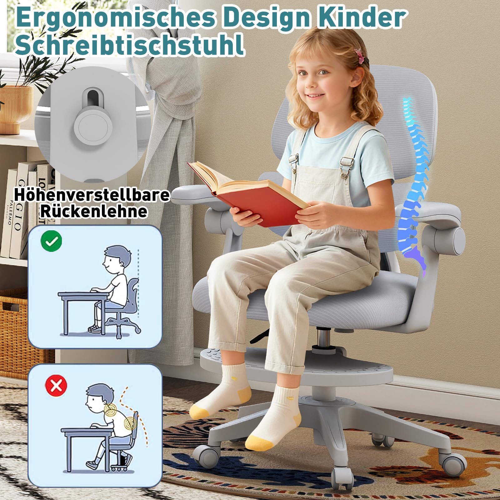 JOYLDIAS Schreibtischstuhl Kinder Ergonomischer, Kinderstuhl mit Verstellbarer Rückenlehne & Übergroß Fußablage, Bürostuhl Kinder Drehstuhl mit klappbarer Armlehnen, Stuhl Für Kinder & Jugendliche