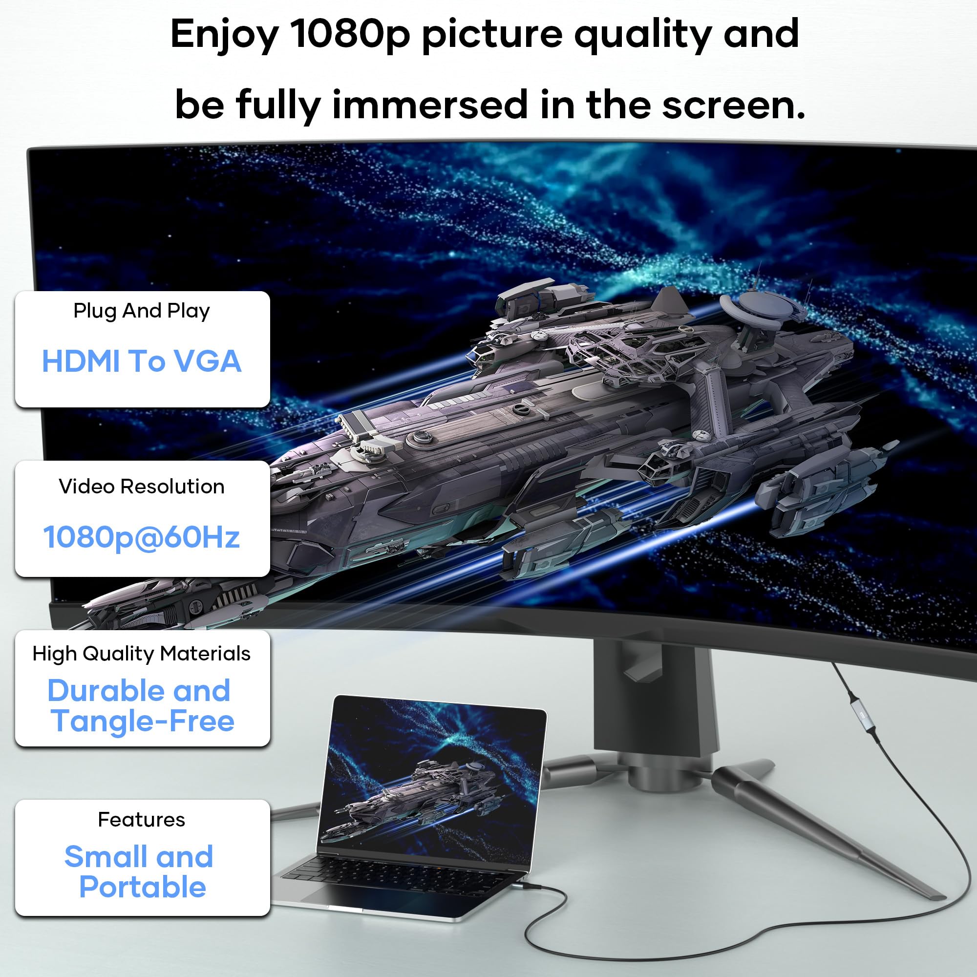 unidirektional HDMI-zu-VGA-Adapter,HDMI-Buchse-zu-VGA-Stecker-Adapter,nylonummanteltes Kabel,1080p-HDMI-zu-VGA-Monitor-/TV-Adapter,geeignet für PCs,Laptops,TV-Sticks,HDTVs,DVD,Projektoren und Monitore