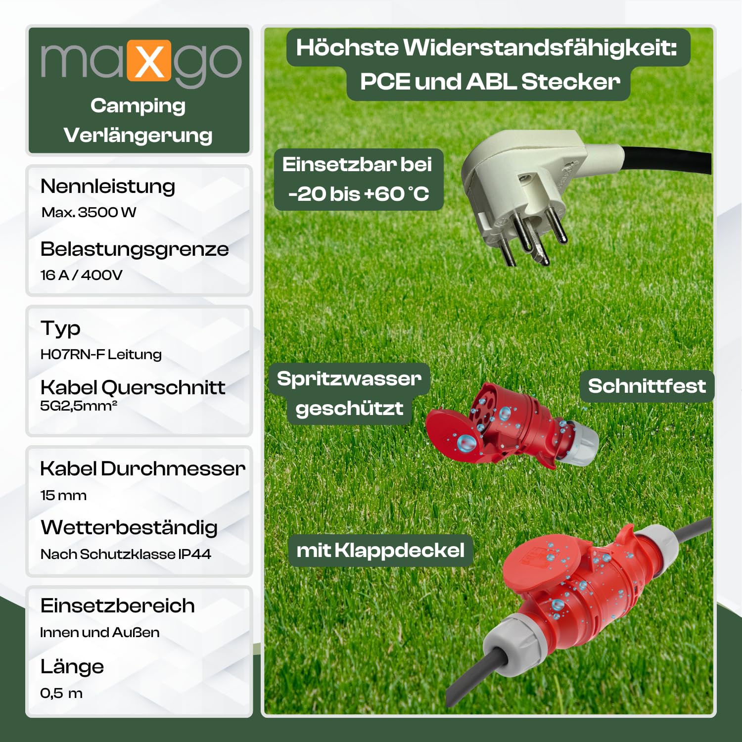 maxgo Adapter-Kabel Perilex Winkelstecker auf 16A CEE-Kupplung Kraftstromadapter PCE 400V H07RN-F 5G2,5mm² Gummischlauchleitung Adapterstecker Starkstrom 0,5m