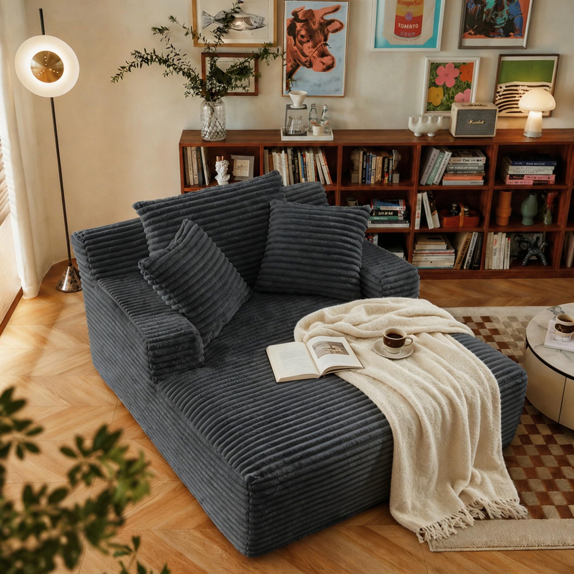 67 inch Chaise Lounge Chair in Dark Grey Corduroy