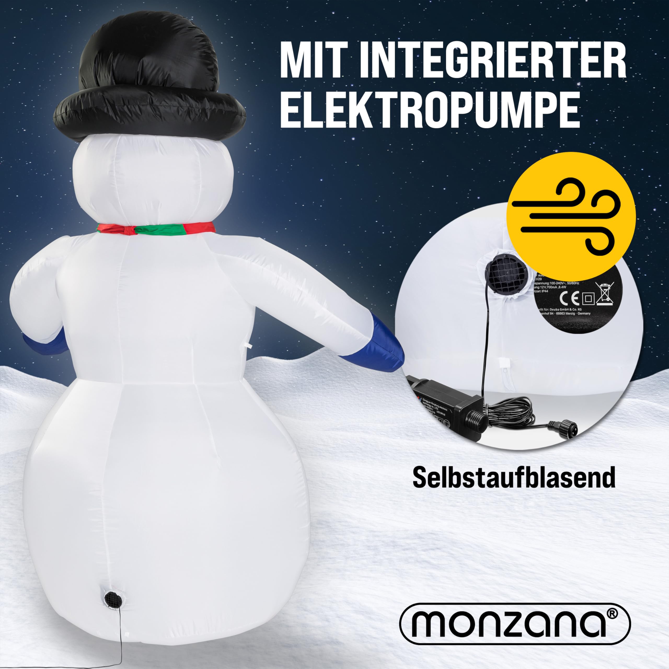 MONZANA® Aufblasbarer Schneemann XXL 240cm LED Beleuchtet Befestigungsmaterial IP44 Außen Witterungsbeständig Weihnachtsdeko Weihnachtsfigur Christmas