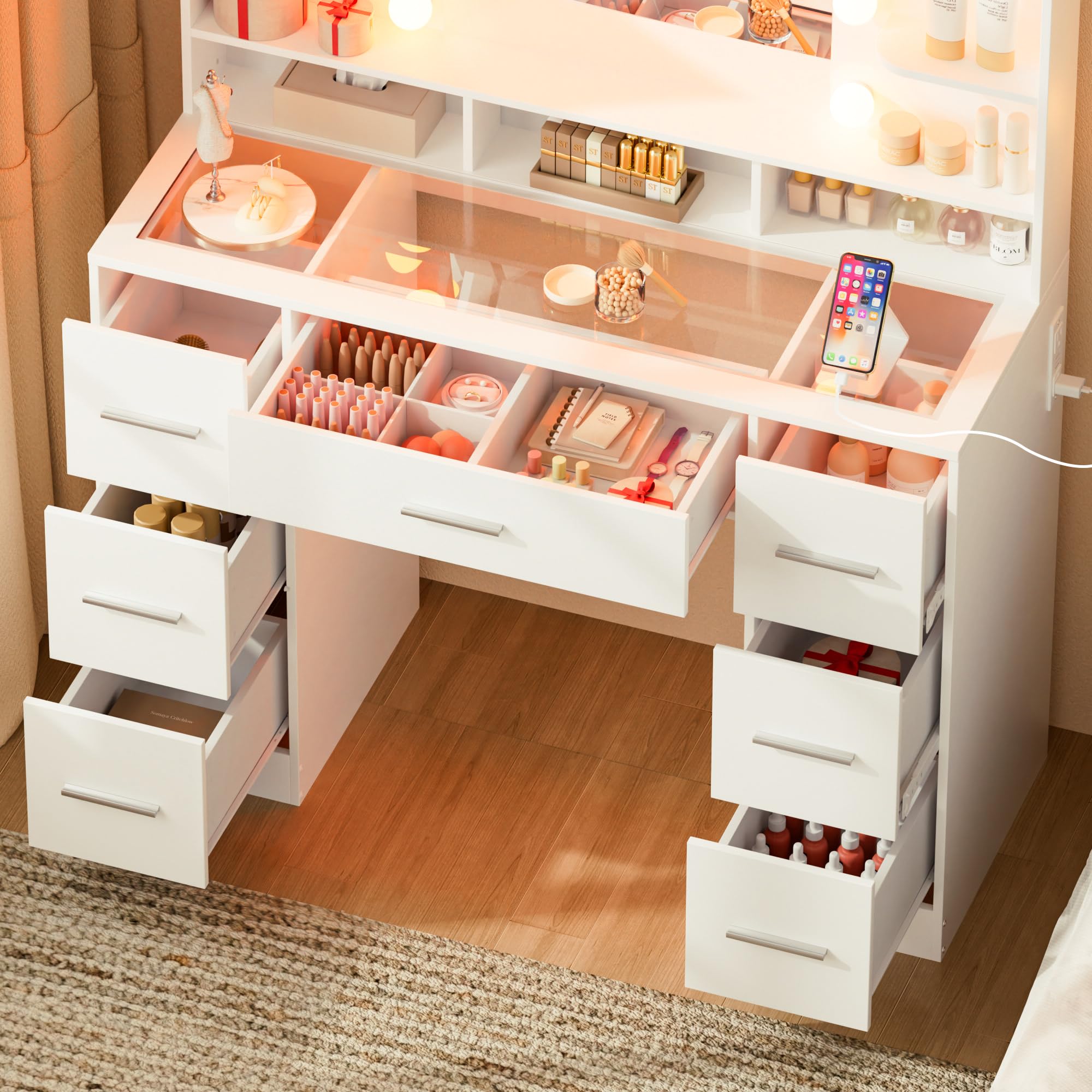 Coiffeuse Lumineuse avec Miroir LED, Table de Maquillage Moderne, Station de Chargement USB, Rangements Réglables, Plateau en Verre, Éclairage 3 Températures