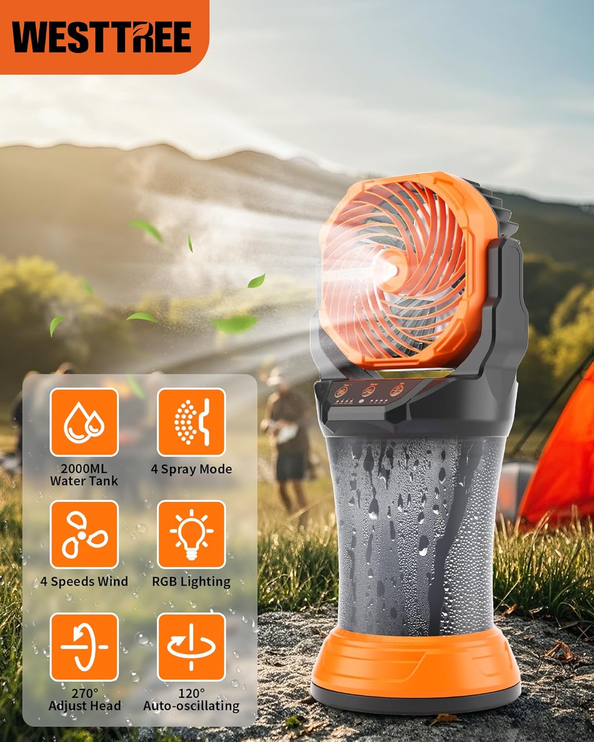 Portable Misting Fan with Large Battery Fan-Rechargeable Outdoor Misting Cooling Fans with 2L Water Tank,RGB Lights,4 Speeds & Spray Modes-for Patio, Camping, Beach, Workshop (X65 Orange)
