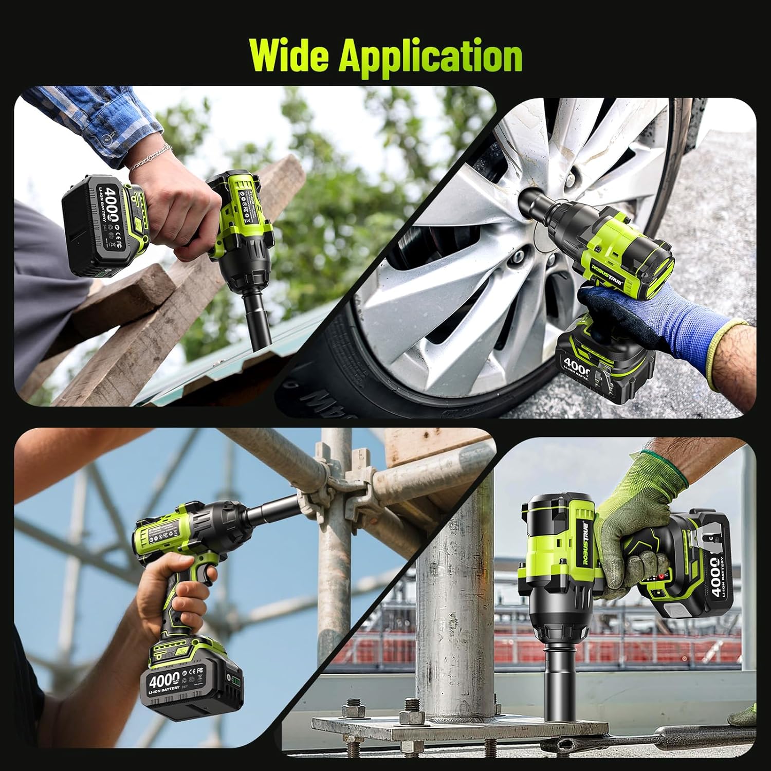 Robustrue 1400N.m (1032ft-lbs) Cordless Impact Wrench, 11Pcs Tire Repair Kit, 1/2" Brushless High Torque Impact Gun, 2x4000 mAh Batteries, Fast Charger, Impact Driver for Car Home/Truck RV/Mower