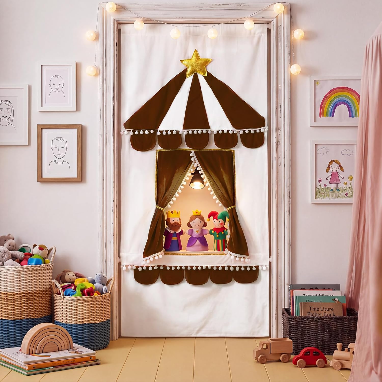 Doorway Puppet Theater with 2 Adjustable Rods, Brown