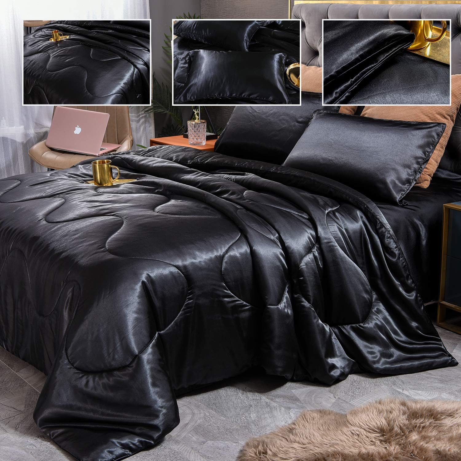 Free Shipping 🛒 YEARNING 3pcs Satin Silky Bedding Comforter Set, Bed Sets Queen Black Soft Comforter Quilt Sexy Luxury 3 Piece Bedding Collection Sets Review Discount YEARNING 3pcs Satin Silky Bedding Comforter Set, Bed Sets Queen Black Soft Comforter Quilt Sexy Luxury 3 Piece Bedding Collection Sets