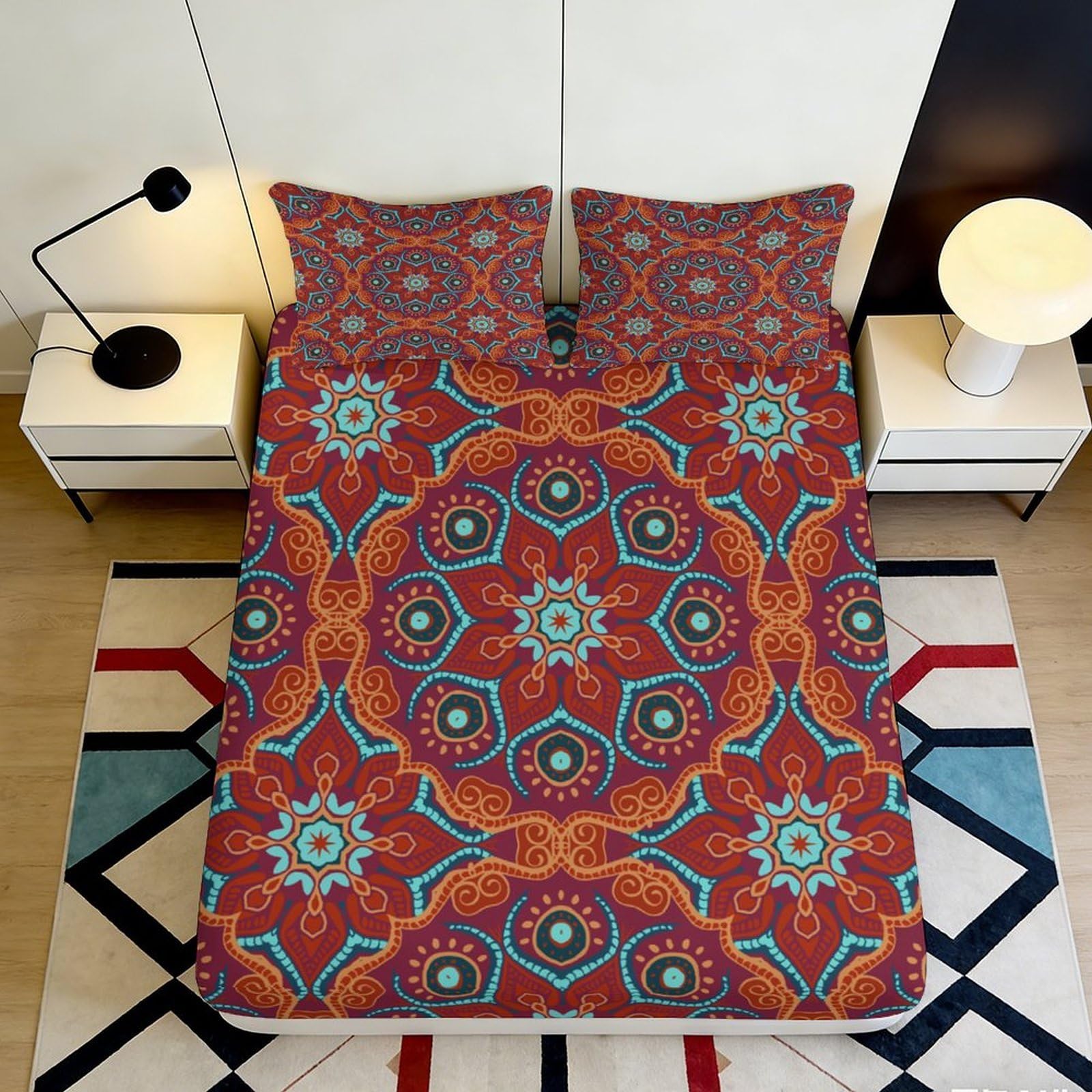 3D Printed Bohemian Mandala Fitted Sheet Microfiber Soft Durable Floral Pattern Bed Cover for Bedroom Dormitory Guest Room Mattress Protection 140x200x25cm