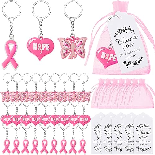 Taiyin Breast Cancer Awareness Gifts Pink Breast Cancer Keychain Bulk Pink Ribbon Butterfly Heart Keychains Breast Cancer