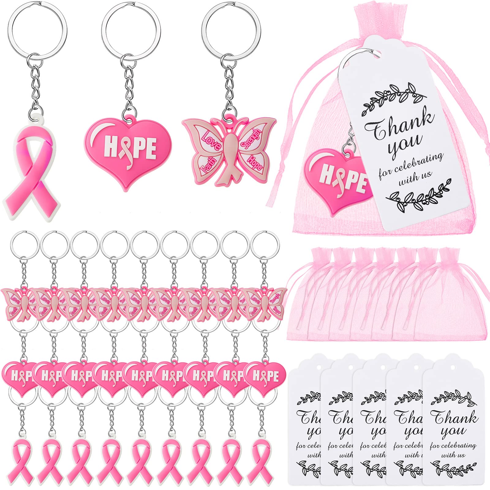 Taiyin Brustkrebs-Bewusstseins-Geschenke, rosa Brustkrebs-Schlüsselanhänger, Großpackung mit rosa Schleife, Schmetterling, Herz, Schlüsselanhänger, Brustkrebs