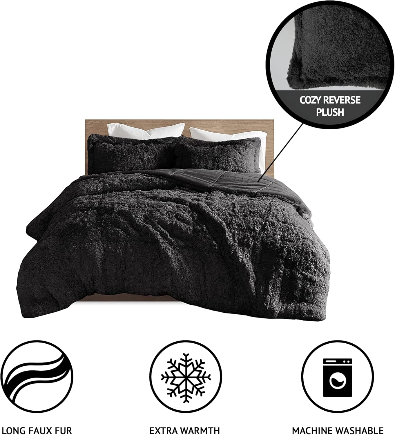 Intelligent Design Soft Shaggy Faux Fur Cozy Comforter Set, Modern All Season Down Alternative Bedding with Matching Sham, Black, Full/Queen : Home & Kitchen