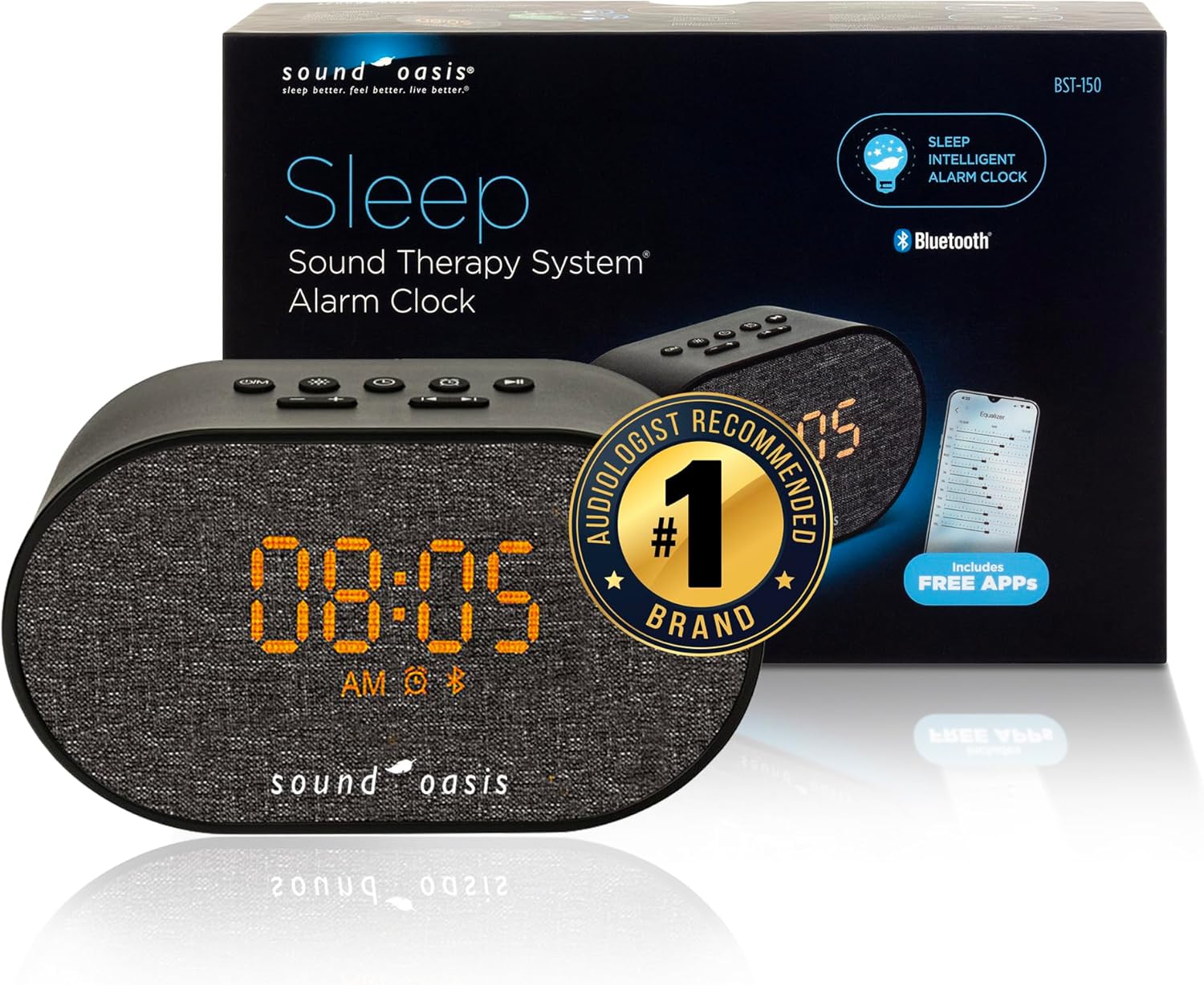 Sound Oasis® Bluetooth® Sleep Sound Therapy System® Alarm Clock – Sleep Better, Manage and Mask Tinnitus, 30 Built-in Sounds, Sleep-Friendly Lighting, Travel Friendly (BST-150)