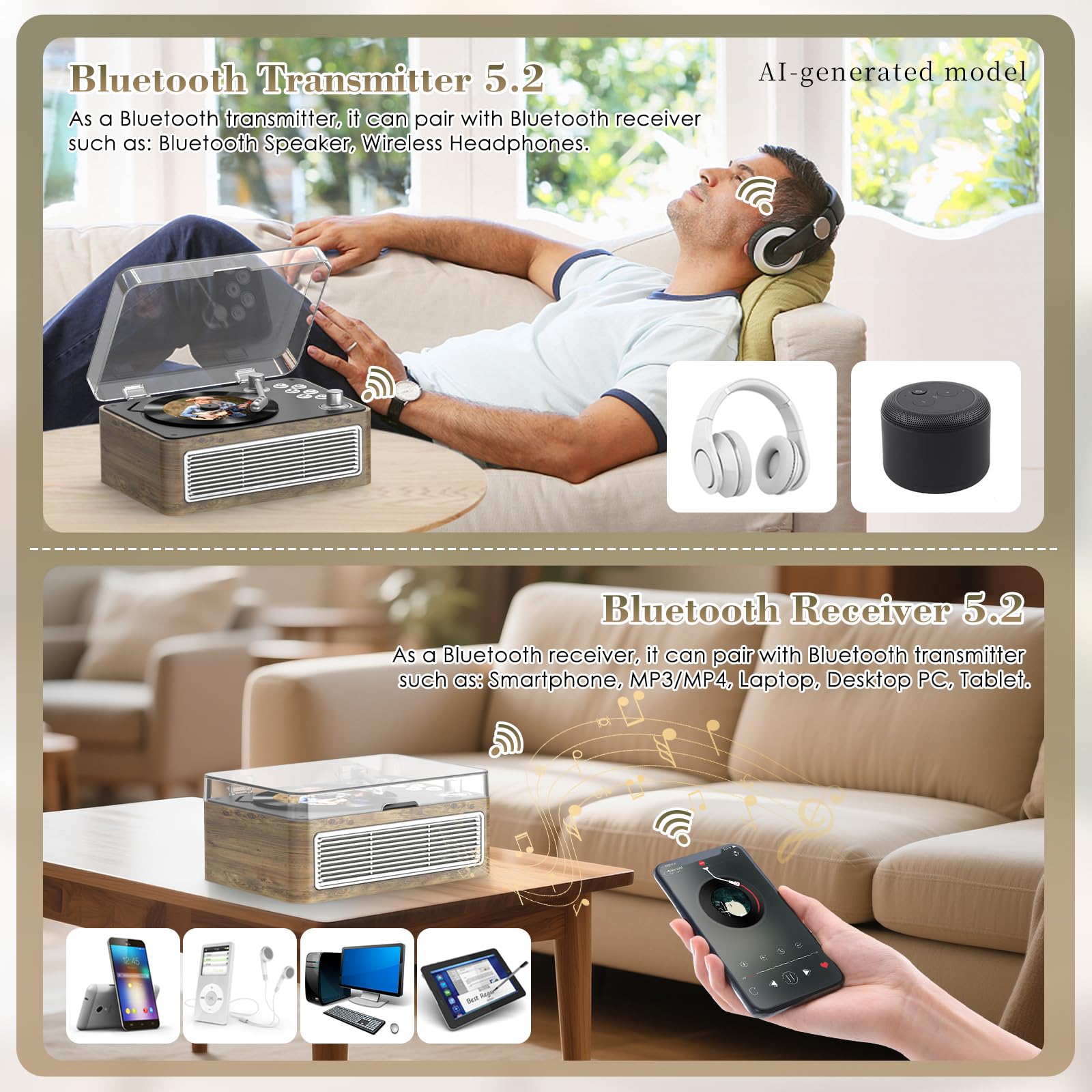 Gueray Tragbarer Bluetooth CD-Player mit Lautsprechern 3600mAh Wiederaufladbarer Vintage CD Spieler für Zuhause, Retro Eichenholz CD Players FM-Radio mit Fernbedienung, Unterstützt USB AUX Wiedergabe