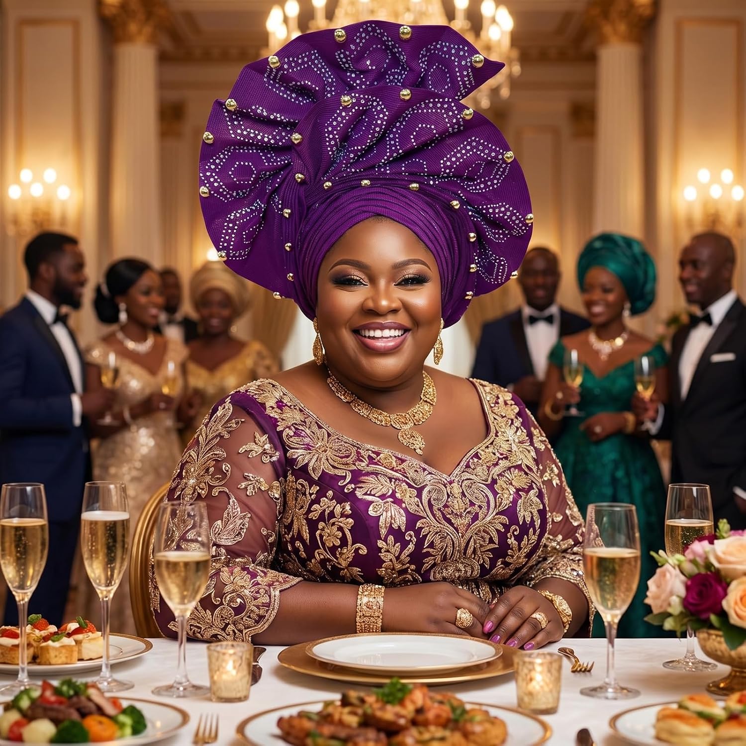 African Gele Head Wrap for Women, Nigerian Headpiece, Pre-Tied with Velcro, Beaded Turban Hat
