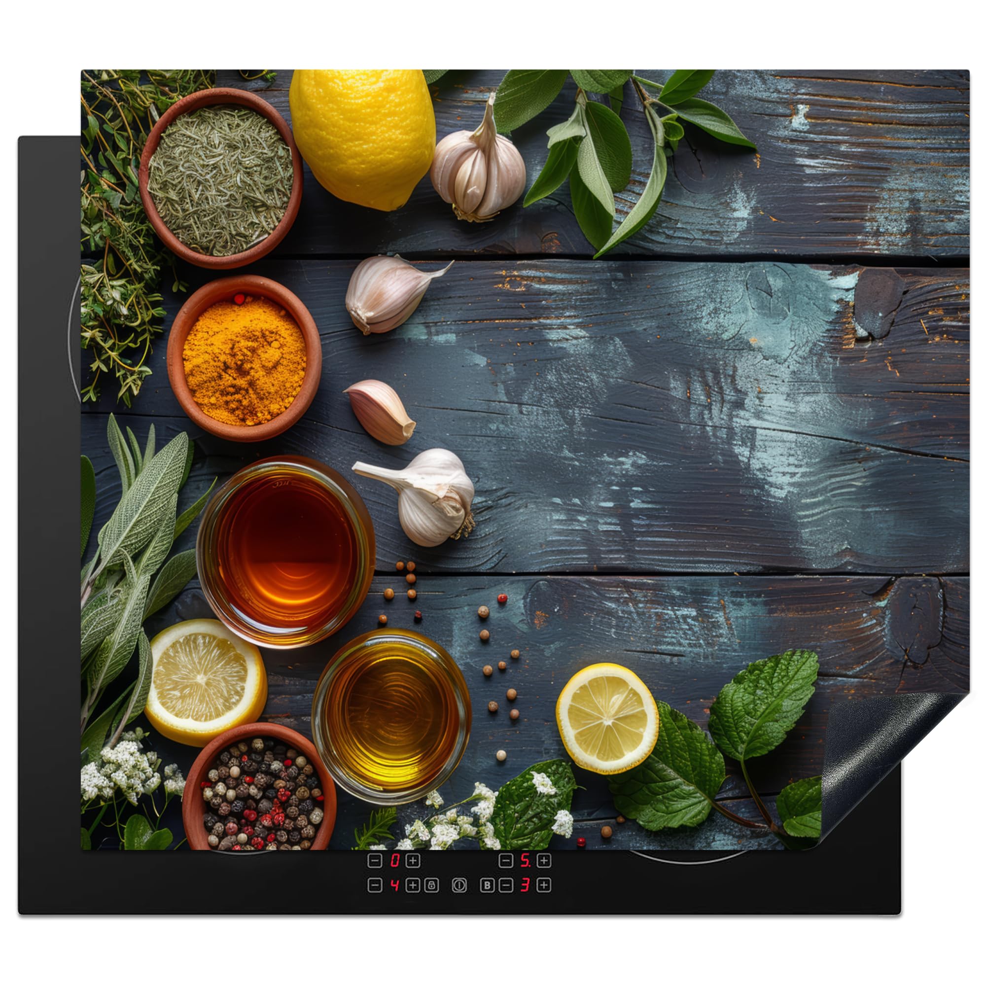 KitchenYeah© Induction Hob Protector Mat 20.1"x23.2" / 59x51 cm Stove Cap Top Cover Kitchen Cooker Covers for Electric Hobs Vinyl Vintage - Herbs - Spices - Wood Print - Still Life