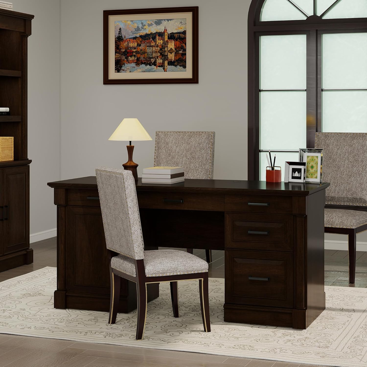 61.85″ Large Executive Desk with Roman Column Design, for Boss Office Home Office 3 Drawers incl. File Drawer, Keyboard Tray, Shelf Cabinet with Door, Dark Cherry