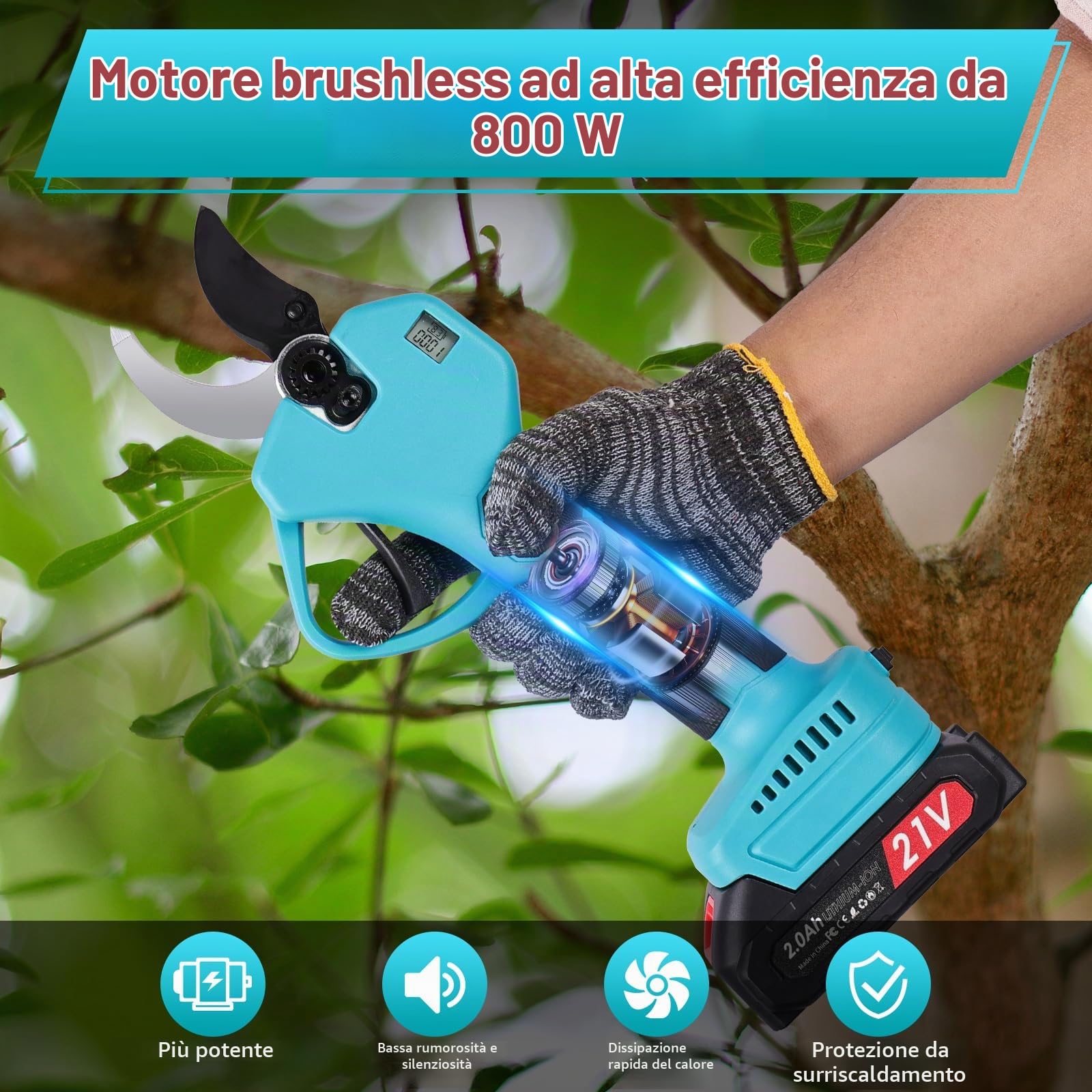 Forbici Potatura Elettriche - 45mm Cesoie Potatura Elettriche Professionali Con 2 21V/2000 mAh Batteria - Forbici a batteria da potatura per Giardinaggio Albero da Frutta