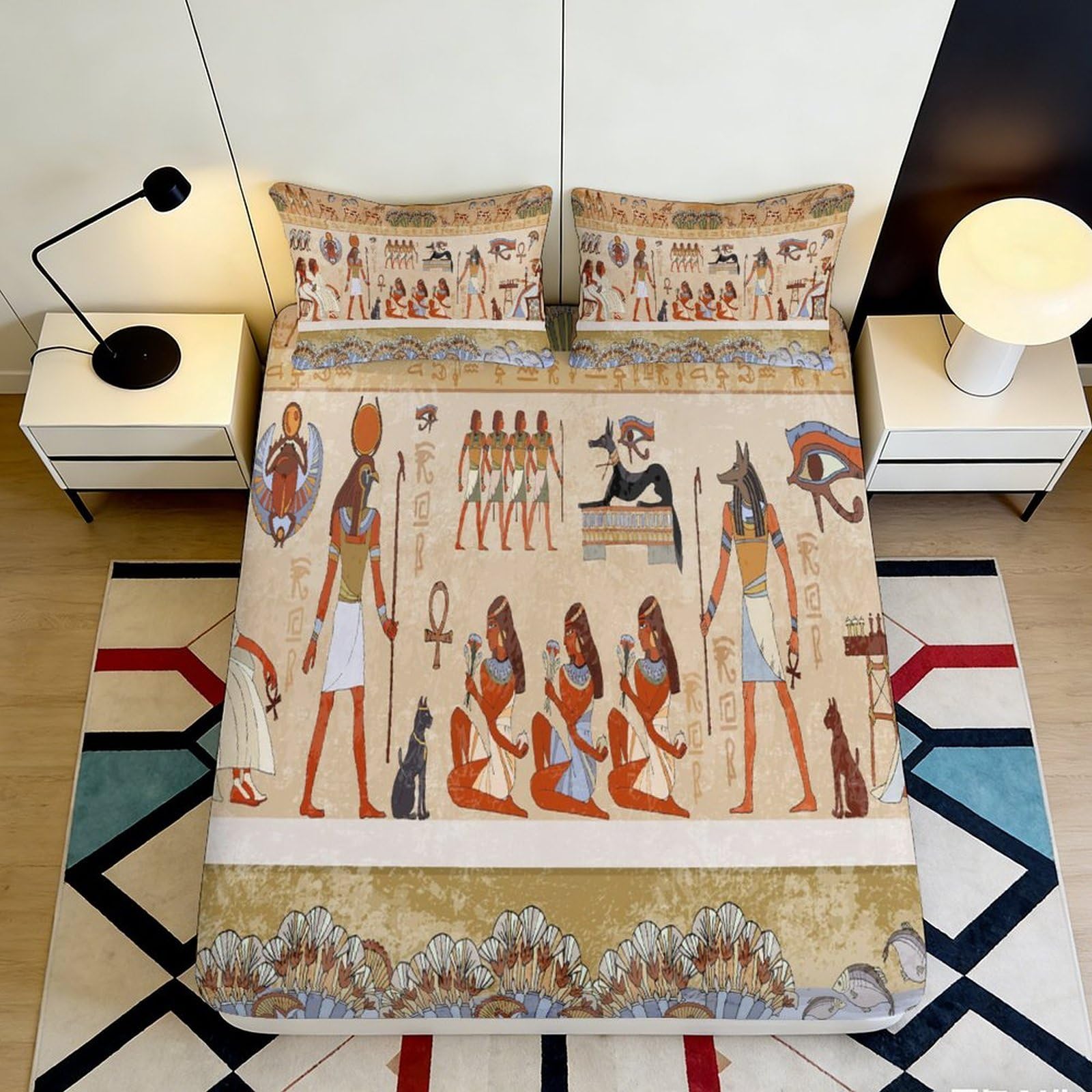 3D Printed Egyptian Hieroglyph Fitted Sheet Microfiber Soft Anti-Slip Ancient Egypt Mattress Cover Bedroom Decor 140x200x25cm