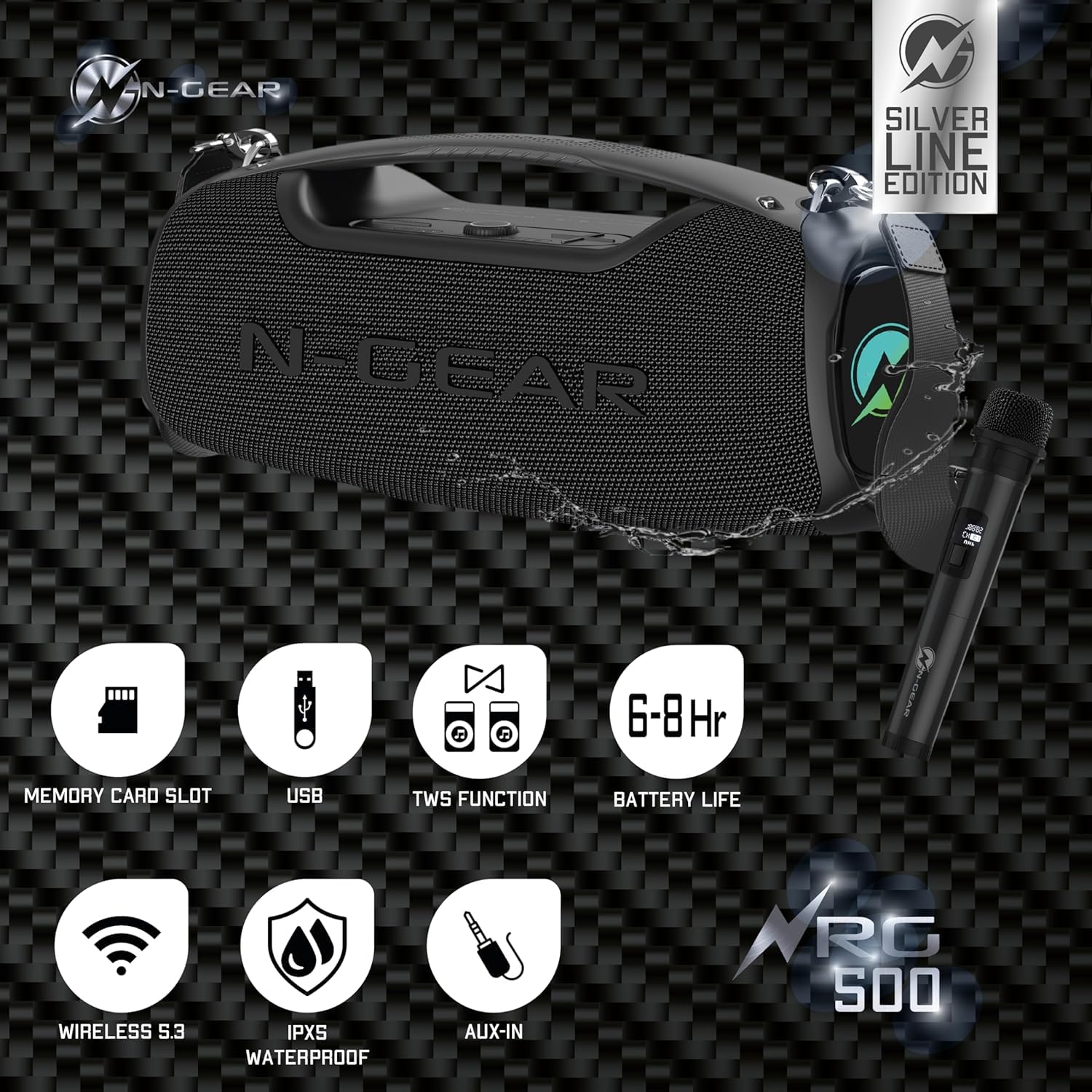 NRG500 Altoparlante Party 119mm 5 Pollici con 50W+15W×2+10W×2 Bluetooth 5.0 supporto TWS U-Disk TF AUX autonomia 6–8h batteria integrata microfono wireless e connettore audio standard 3.5mm stereo