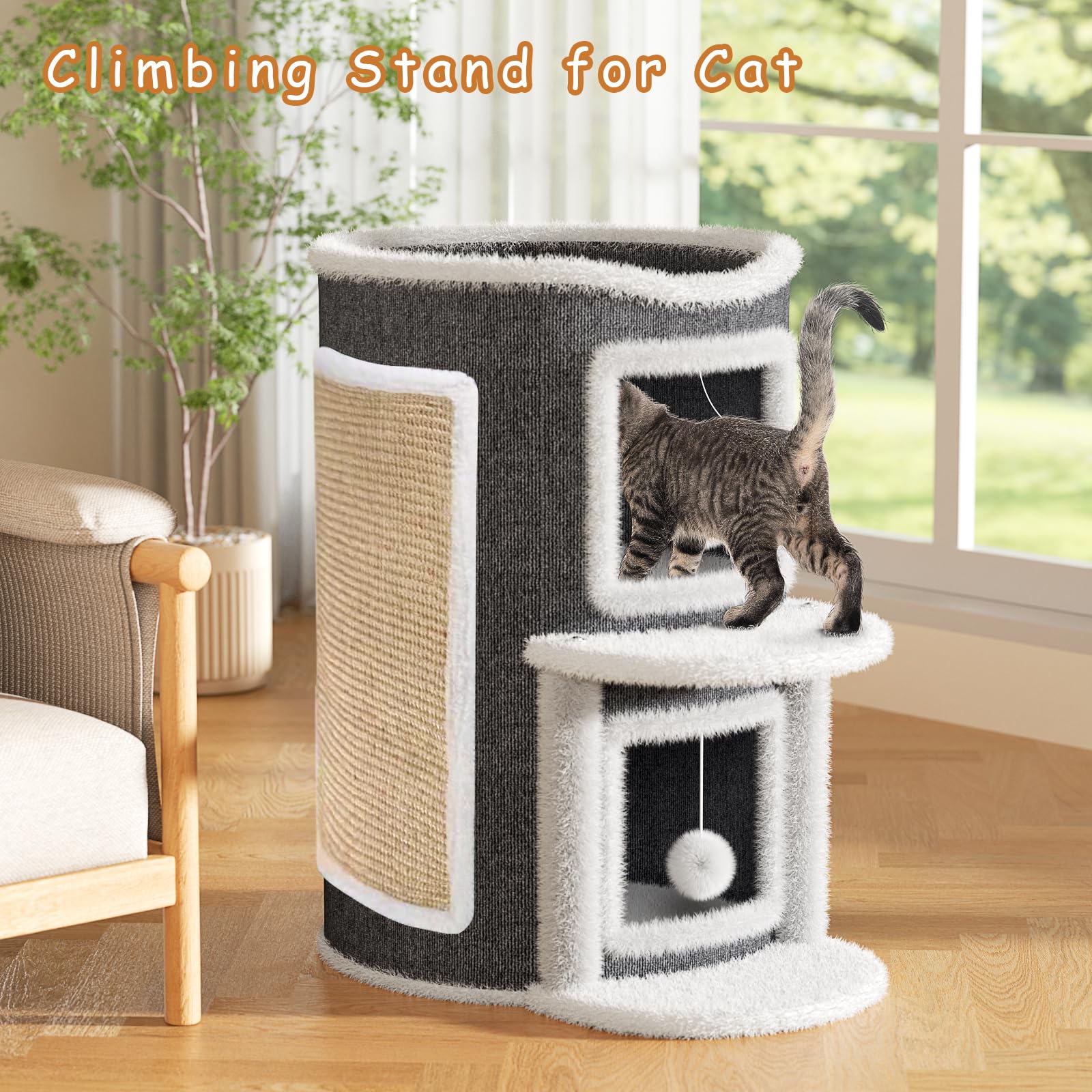Katzenhöhle Katzenfass, Katzenhaus mit Kratzbrett für Indoor-Katzen,Kratzbaum Klein mit Plattform, Höhle Katzenverstec Katzentonne Katzenbett Katzenmöbel mit Spielball (Grau, 40X50X60CM)