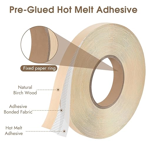 Miniatura 2 de BEVTEE Bandas de borde de abedul, rollo de chapa de madera de 34 pulgadas x 100 pies prepegado, banda flexible de borde de chapa de abedul con