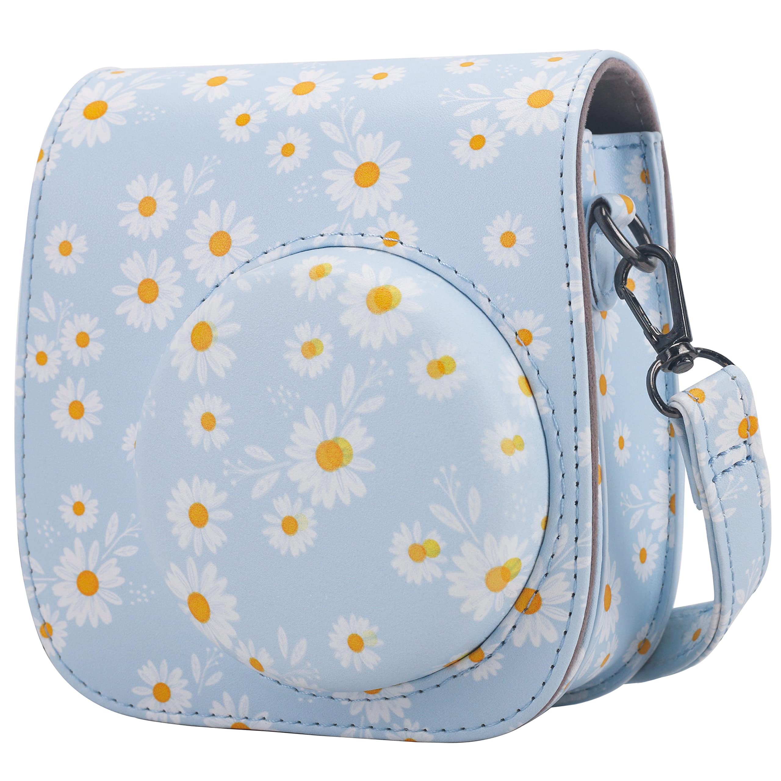 Frankmate Protective Case Compatible with Fujifilm Instax Mini 12 11 9 8 Instant Film Camera with Pocket and Adjustable Strap (Blue Daisy)